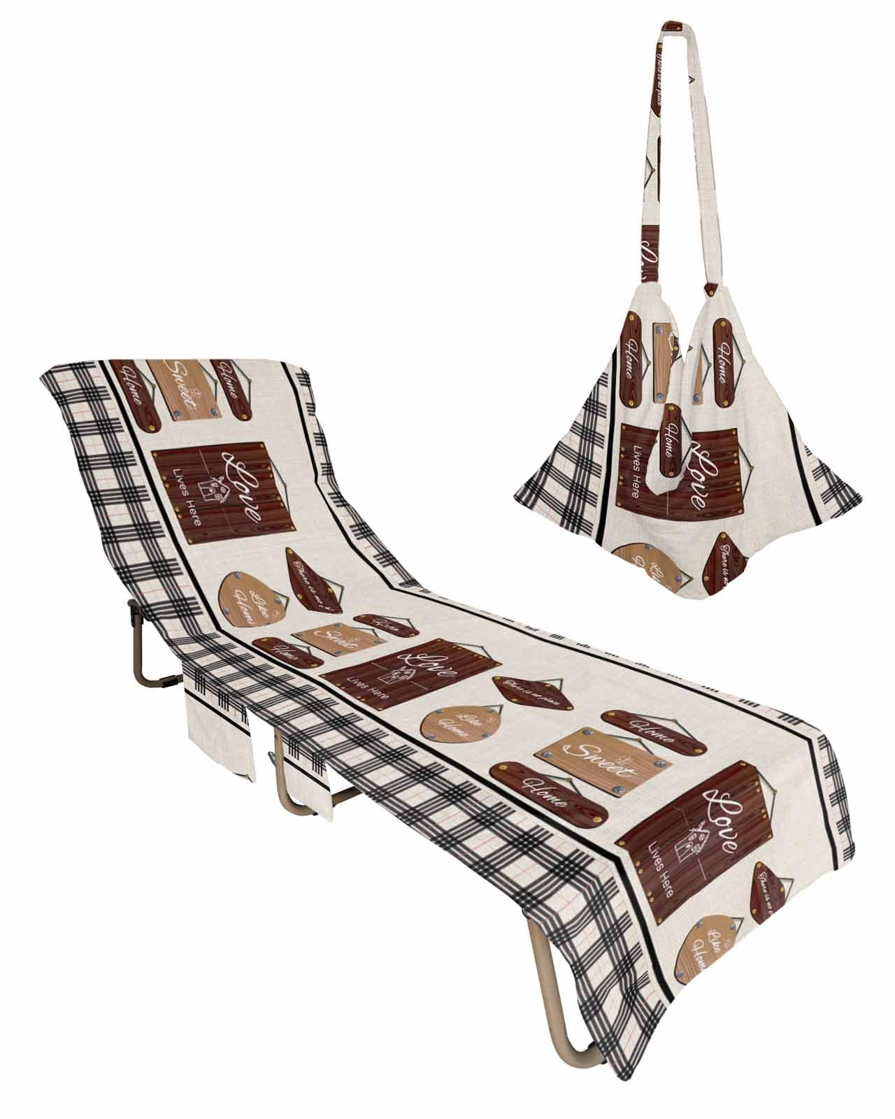 Brown Vintage Beach Lounge Chair Towel Cover, Soft Chaise Lounge Towel with Side Pockets Patio Pool Chairs Cover for Beach/Pool Sunbathing 29x85 Black Plaid Modern Home Rustic