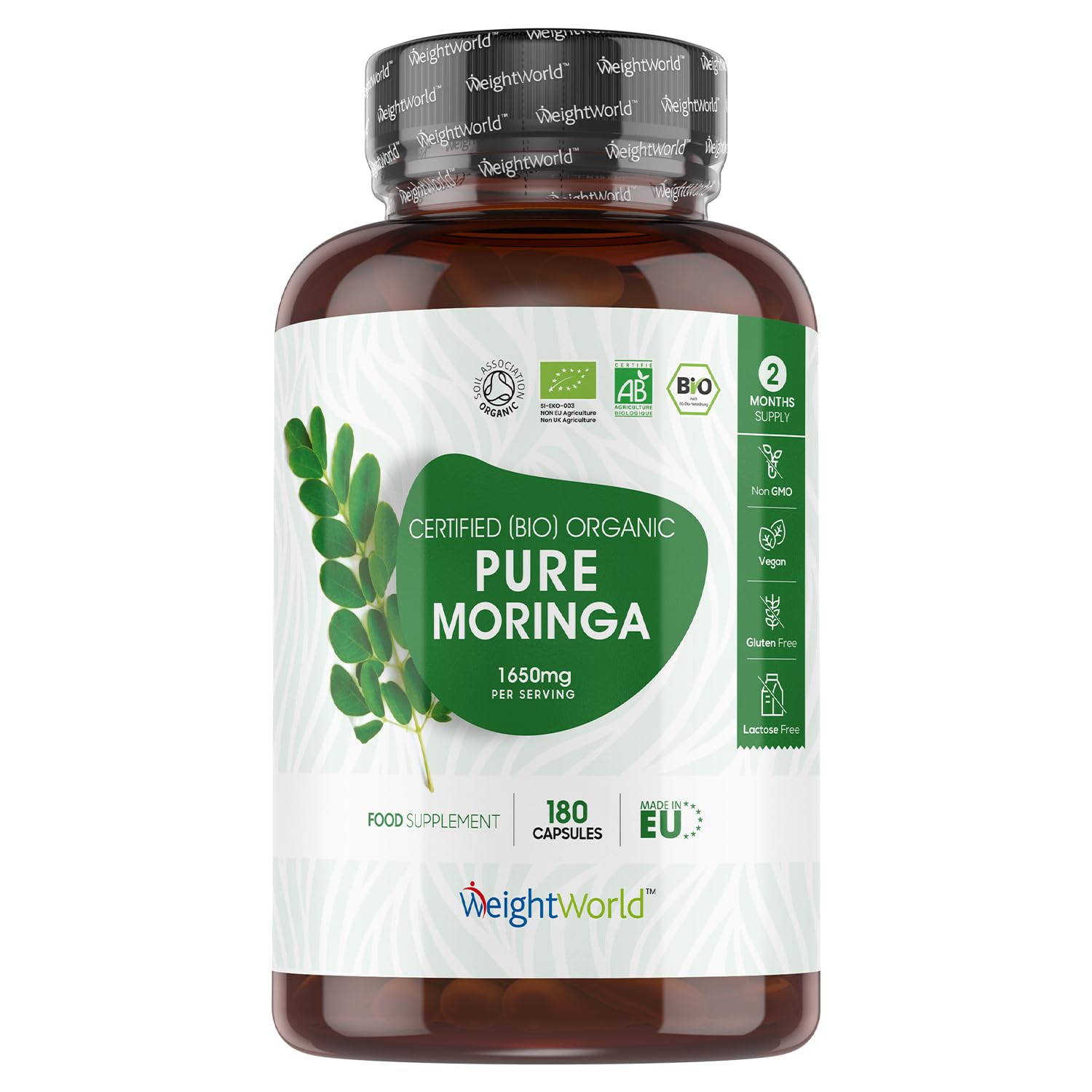 WeightWorld Organic Moringa Capsules | 1650mg | 180 Vegan Capsules | 2 Months Supply | Soil Association Certified | Bio-Organic Pure Moringa Powder Supplement | Gluten-Free, Non-GMO & GMP-Approved