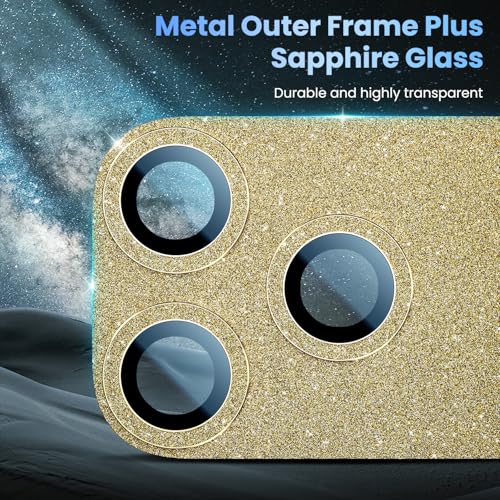 Image of Uyiton for iPhone 17-Pro Camera-Lens Protector: Bling [Not Easy to Break][Strong Adsorption][Case-Friendly] Metal Tempered Glass Rear Camera Screen Cover - Glitter Gold