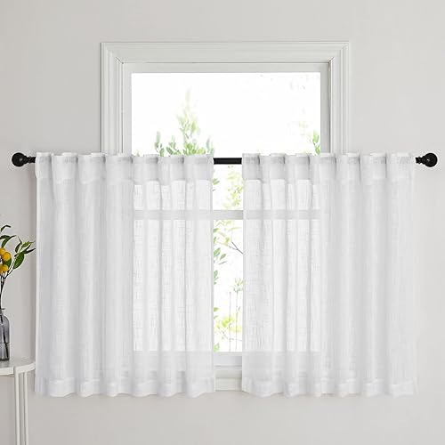 Vista 29 de PONY DANCE Juego de 2 cortinas estilo café de 24 pulgadas de largo, con textura de lino blanco, cortinas cortas bohemias para baño pequeño