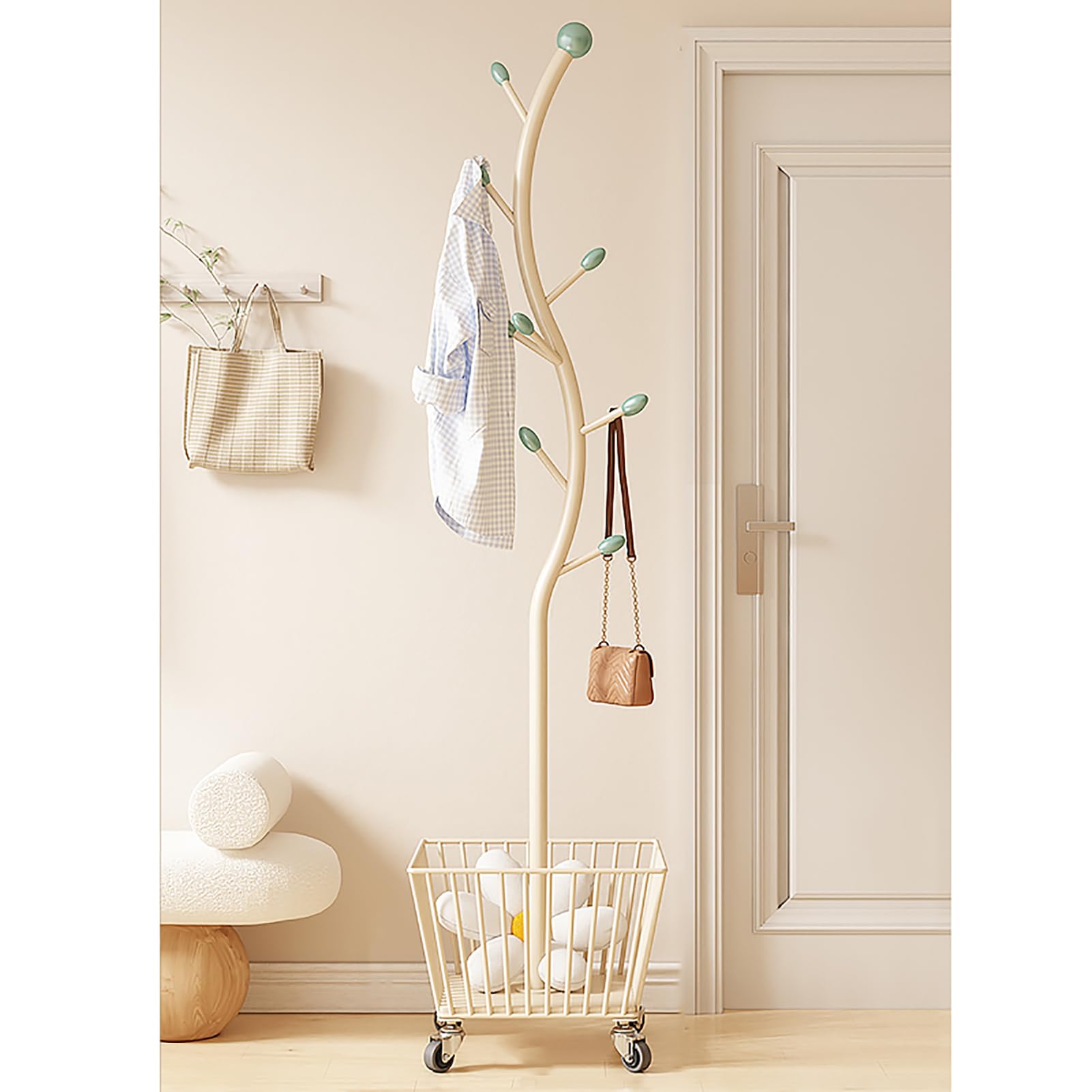 Portant à vêtements en métal à roulettes avec panier de rangement intégré