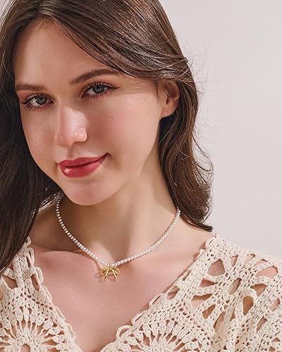 Miniatura 3 de Collar de lazo de oro para mujer, lindo colgante de lazo hinchado con cadena de serpienteperlas, delicado collar de oro, elegante, regalo de joyería