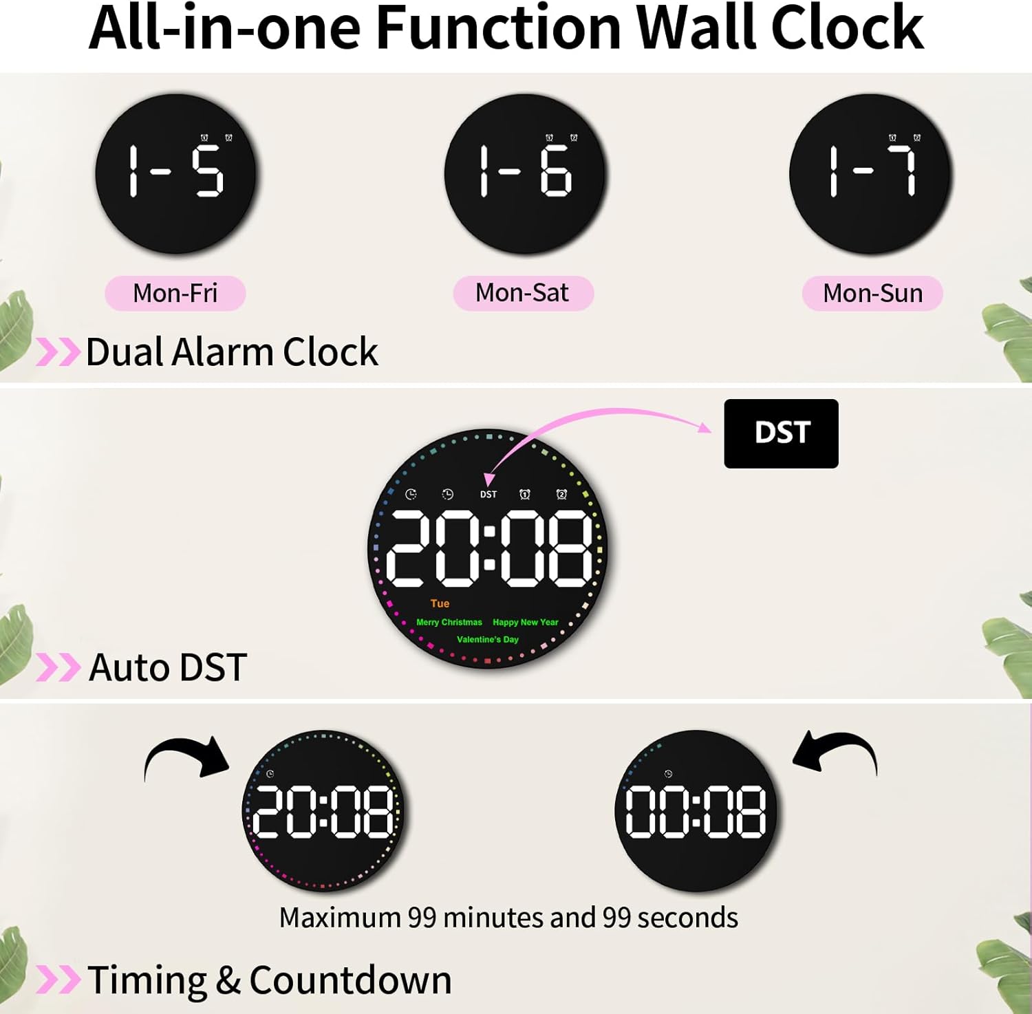 Digital Wall Clock with Remote Control, 10" Wall Clock with Large Display, LED Digital Clock for Classroom, Office, Auto-Dimming with Coloured Second Hand, Festive Tips, DST, Temperature, Wall decor