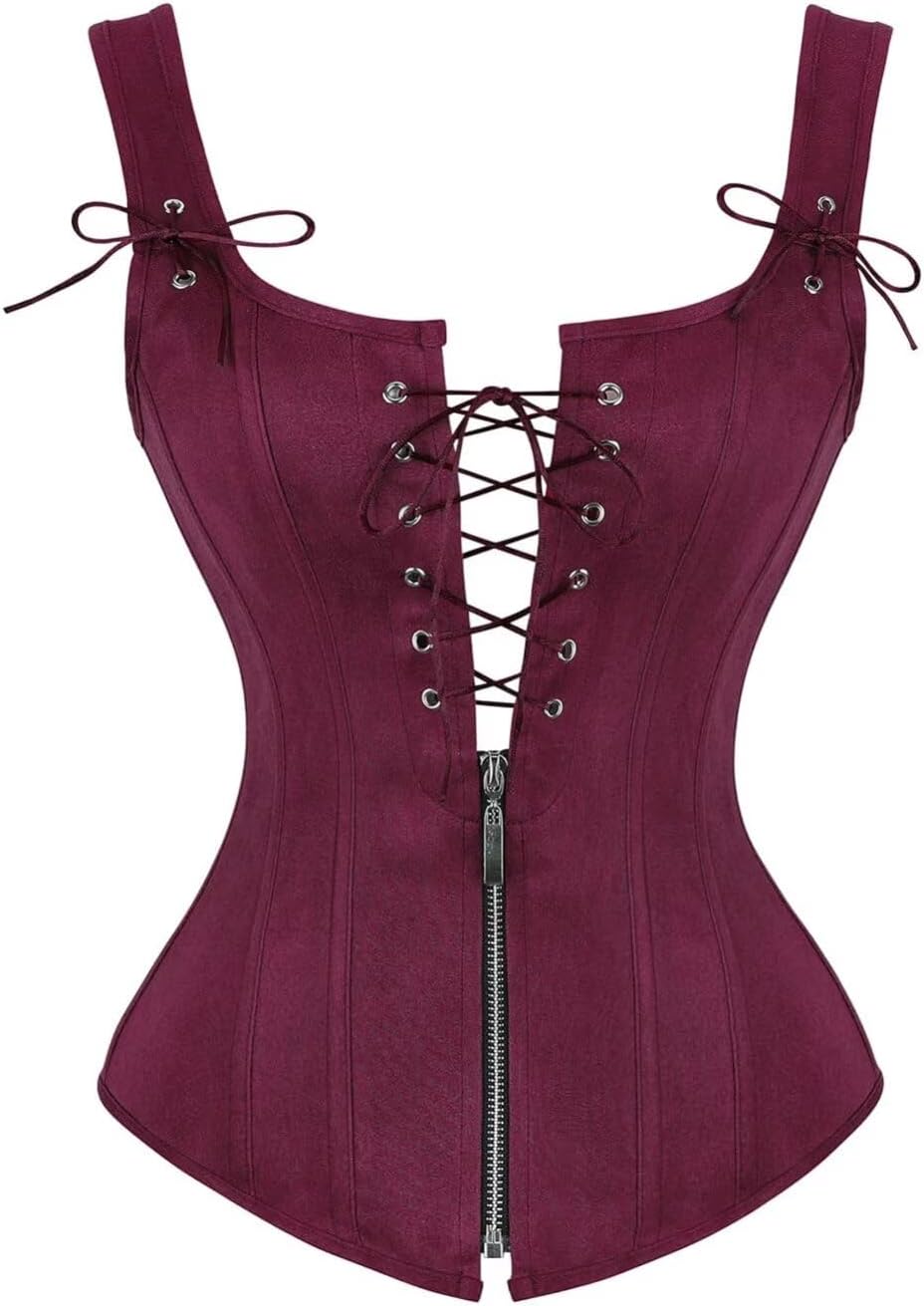 Corset Top for Women Faux Suede Renaissance Pirate Overbust Bustier with Lace-Up Front Zipper Plus Size for Halloween Cosplay
