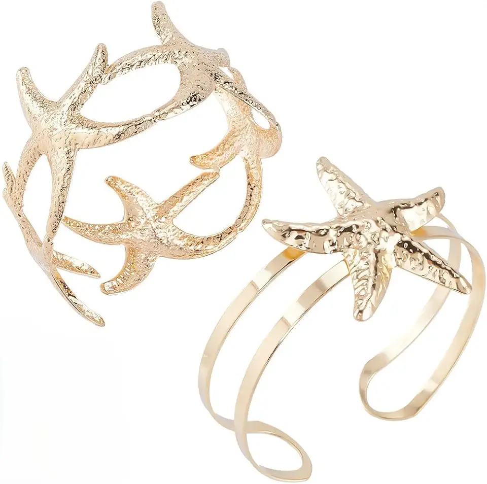 2 Styles Starfish Shell Gold Cuff Bracelet, Adjustable Upper Arm Bangle, Boho Beach Jewelry for Women, Summer, Party, Club, Dress Decor, Metal Arm Cuff