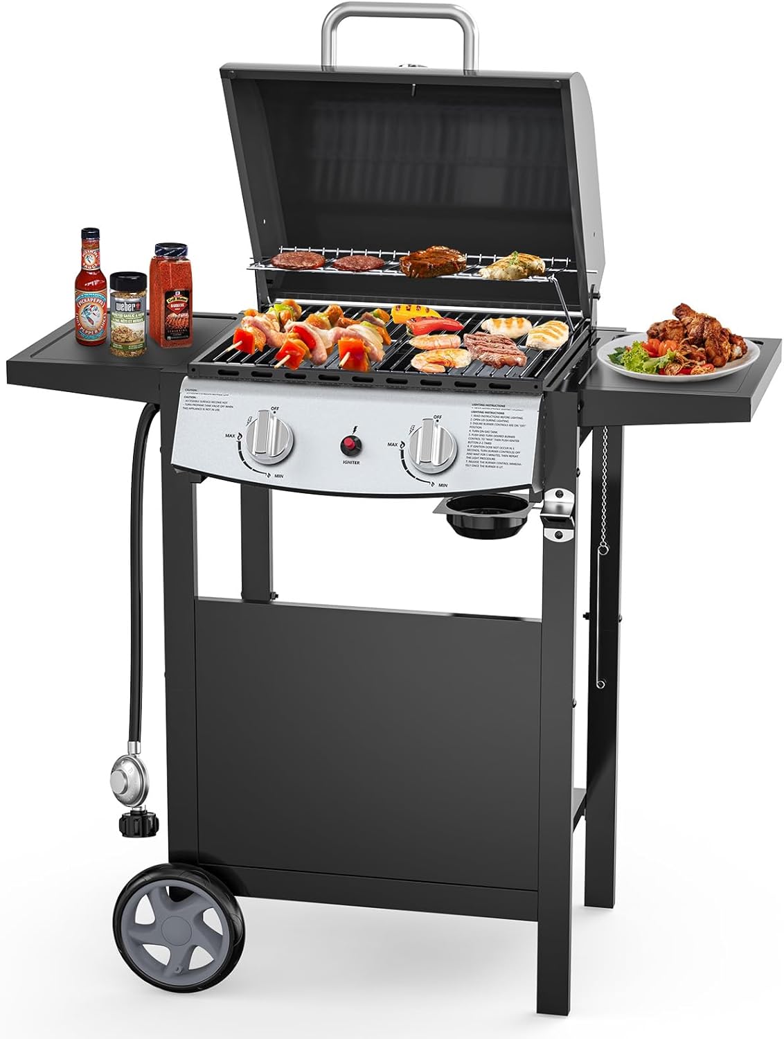 Electactic 2-Burner 20,000 BTU Propane Gas Grill - Stainless Steel Portable BBQ with Side Shelves, Wheels for Patio, Backyard, Camping