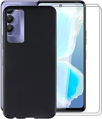 Case for Tecno Camon 18 P 6.8", with [ 2 x Tempered Glass Protective Film], KJYF Black Soft Silicone Protective Cover Bumper Shockproof Phone Case for Tecno Camon 18 P - Black