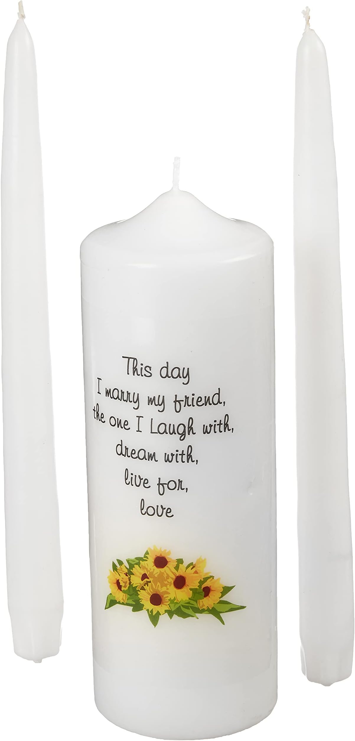 Wedding Unity Candle Set, with 9-inch Pillar with Sunflower Motif and This Day I Marry my Friend Verse, with 10-inch Taper Candles, White