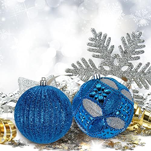 8 pcs Christmas Baubles Xmas Ball Ornaments with Strings, 100mm/3.9" Blue Shatterproof Plastic Hanging Decorations, Christmas Tree Pendants for Home Party Wedding Holiday
