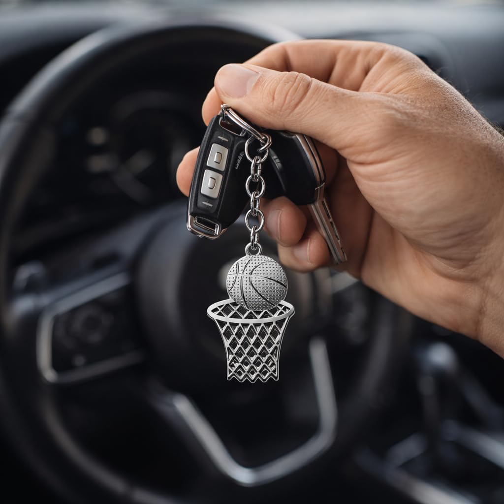 4PC Basketball Keychain with Hoop Metal Sports Keyring Gift for Basketball Lovers Gold and Silver