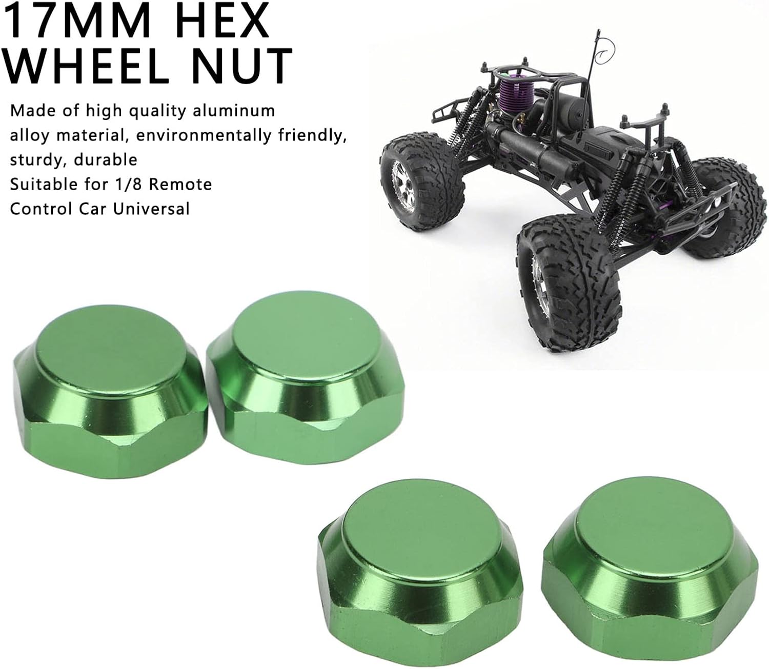 RC Car Hex Nut Cover, 17mm Outer Diameter Aluminum Alloy Universal Wheel Nuts, 4-Piece Set for 1/8 Remote Control Cars