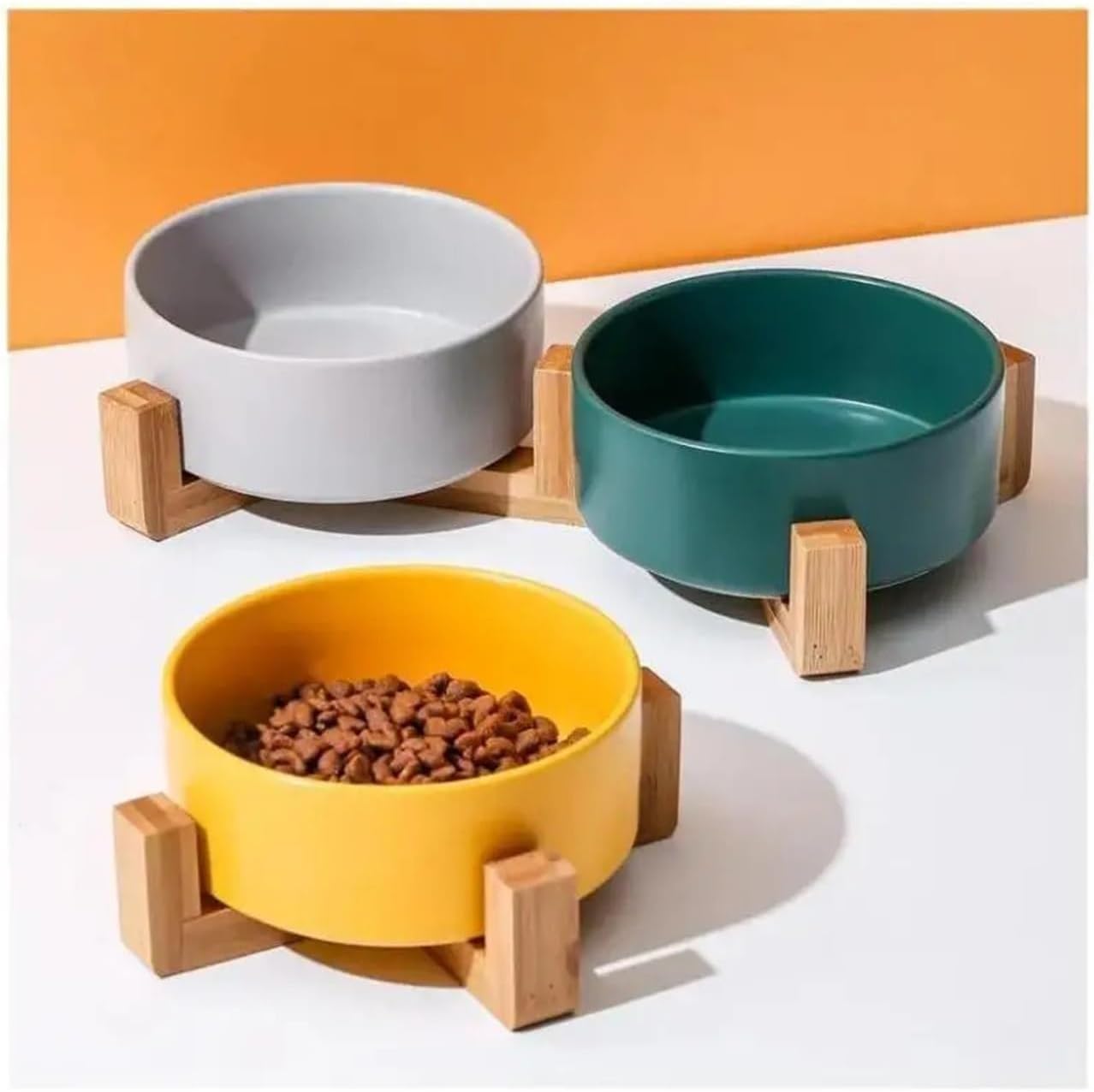 1 Pcs Pet Bowl Cat Wooden Rack Large Capacity Food Water Feeder Home Small Ceramic Accessories(Gray)
