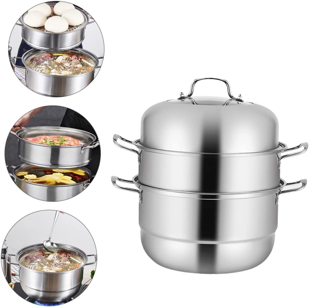 Stainless Steel Stock Pot Steamer Three-layer Cooking Pot with High Arch Lid for Synchronous Cooking for Boiling and Steaming Vegetables and Dumplings