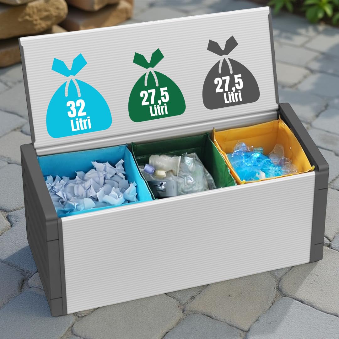 BuyStar Baule Cassapanca 87 Lt per Raccolta Differenziata 85x34x38 cm + 3 Borse per Riciclaggio - da Esterno, Anti Odore, in Resina, Terrazzo, Giardino, Organizzazione, Stoccaggio - Made in Italy