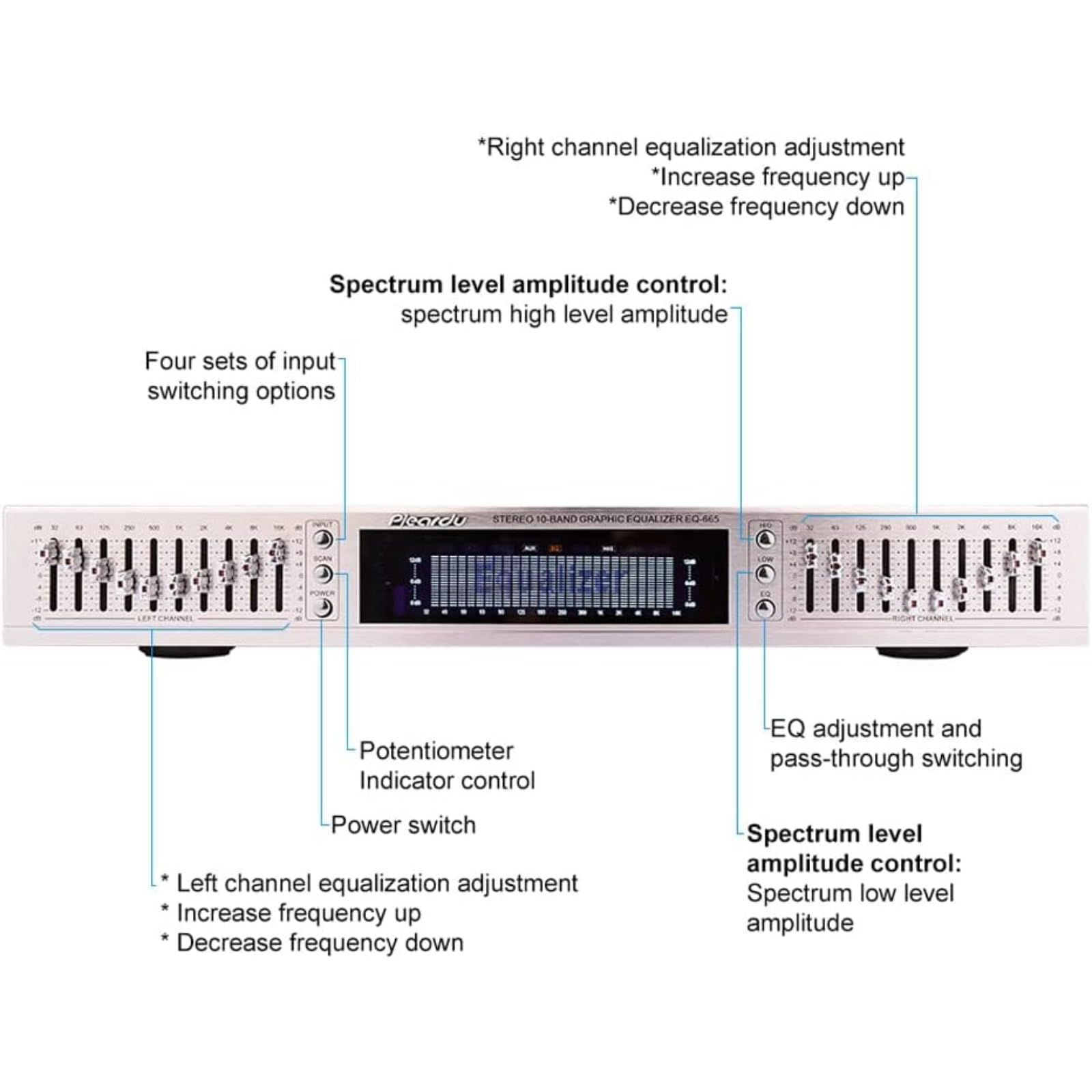 Korektor efektów stereo, bezstratny cyfrowy kontroler efektów audio, korektor korektora Hi-Fi, korektor graficzny wysokiego/średniego/basu (złoty, EQ-665)