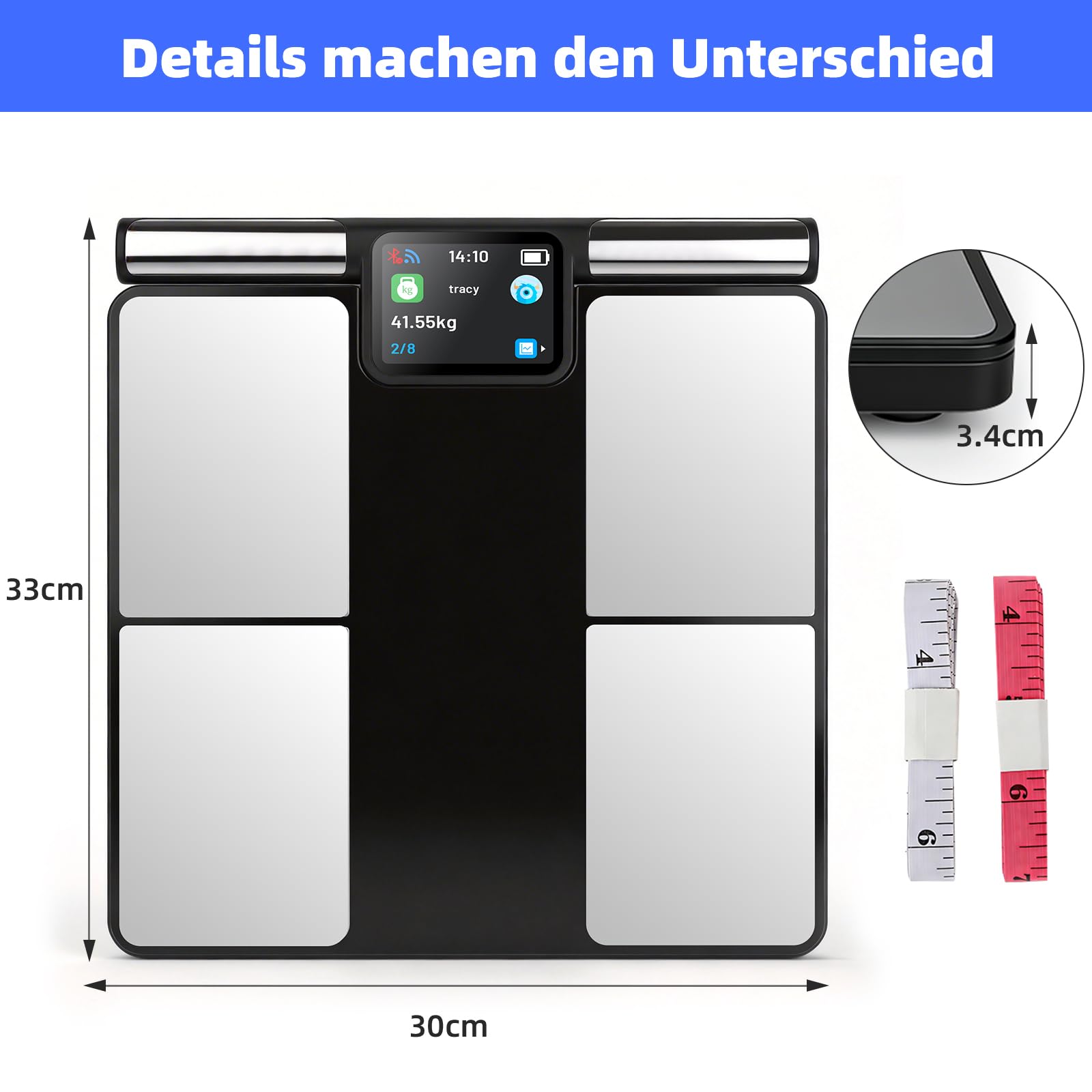 Körperfettwaage mit 8 Elektroden, Waage Personen mit 58 Körperanalyse Großem Display Personenwaage Digital mit Bluetooth App 180 kg/400 lbs Körperfettwaage mit Handsensoren für BMI, Protein, BMR