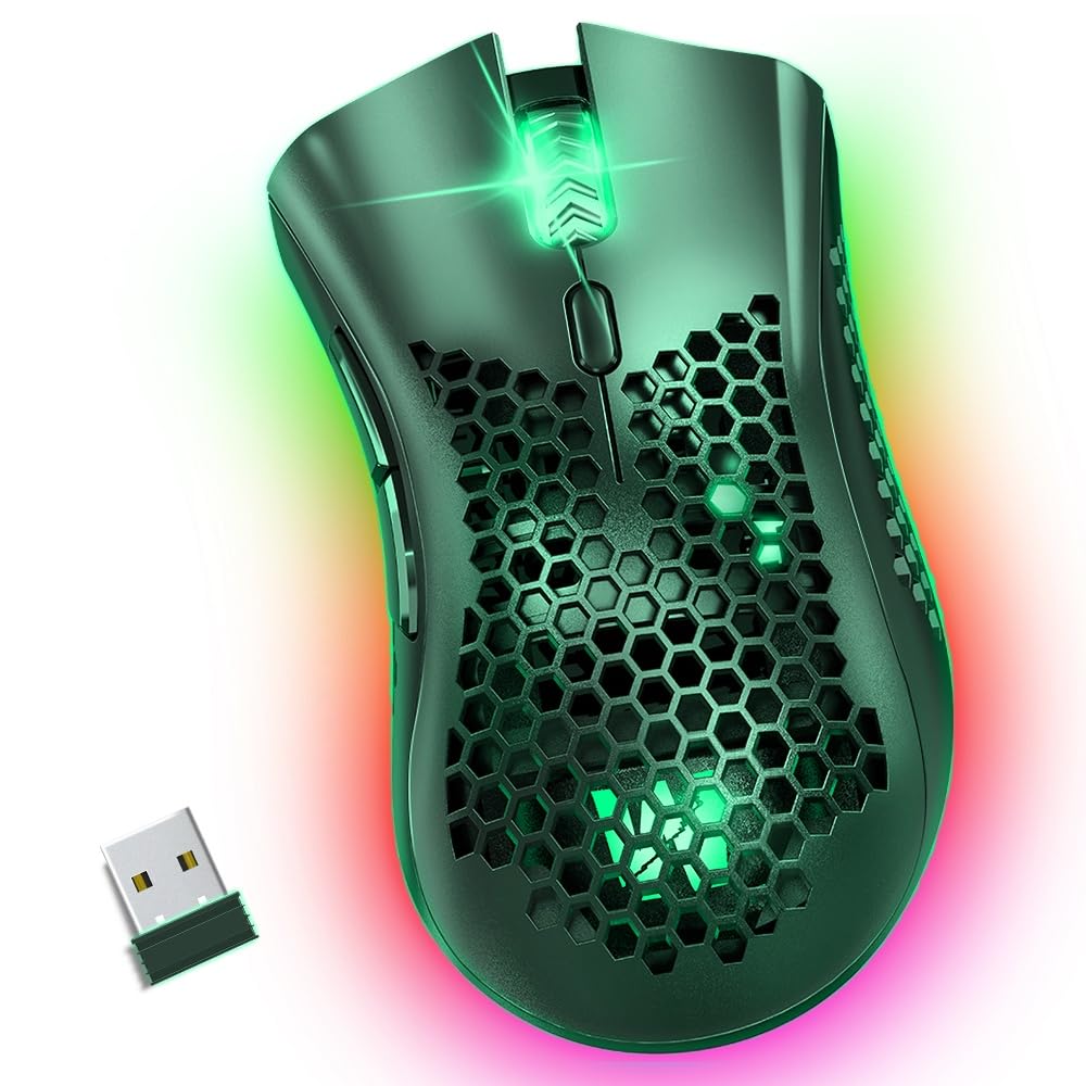 KM-1 Gaming Mouse, Wireless Mouse Gaming Computer Mice USB with Honeycomb Shell, 6 Programmed Buttons, 3 Adjustable DPI, Ergonomic RGB Optical Mouse - Green