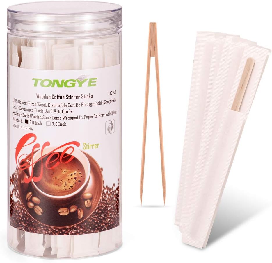 Wood Coffee Stirrers Individually Wrapped with Bamboo Sugar Cubes Tongs, Wooden Stir Sticks/Swizzle Sticks - Mix Hot/Cold Drinks: Coffee, Cocktail, Tea for Bar, Café, Office, Home. (6 Inch, 140 PCS)