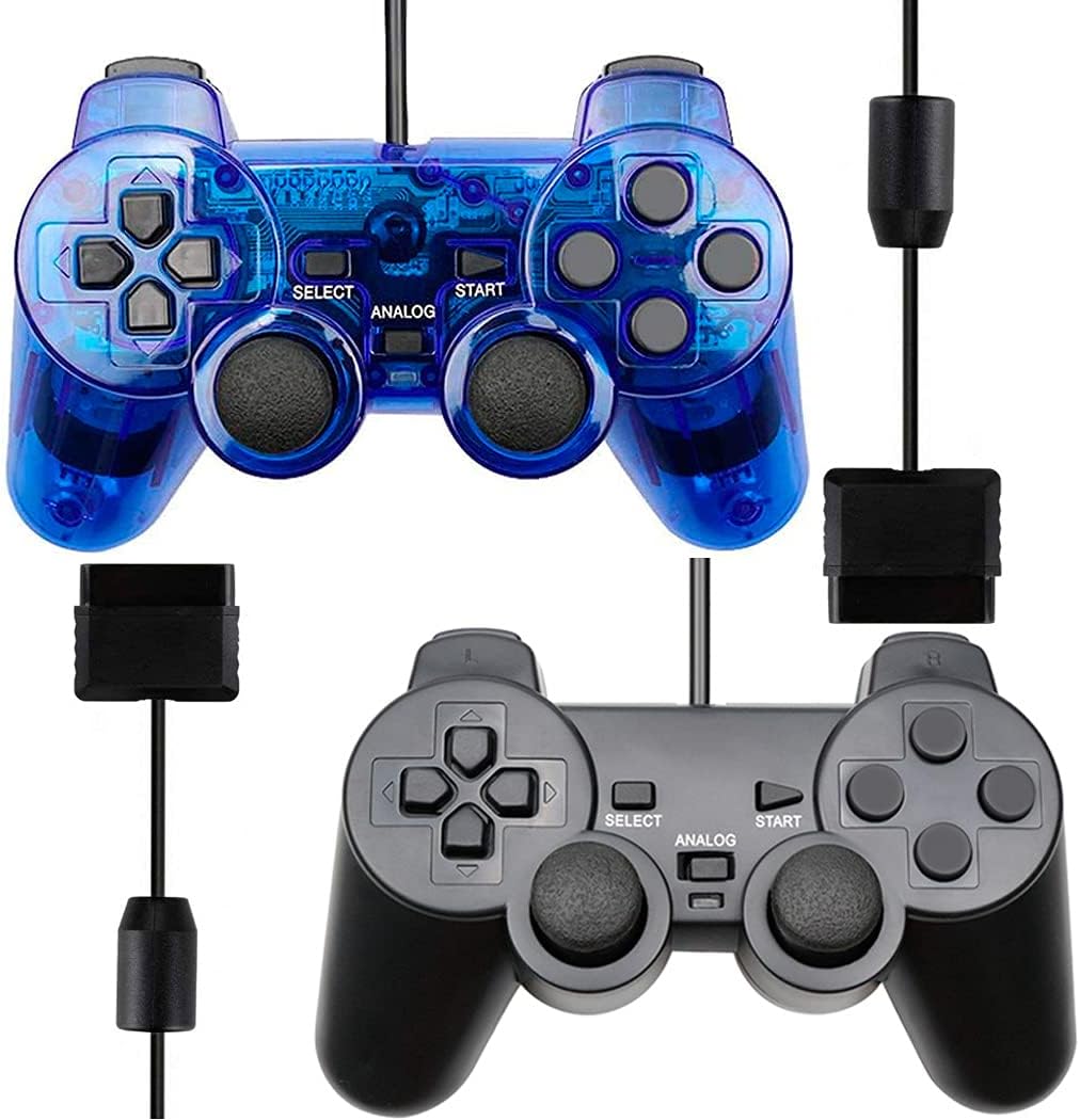 Wired Controller Compatible for PS2, Replacement Play-Station 2 Wired Controllers, Double Vibration Remote Gamepad (Black and Transparent Blue)