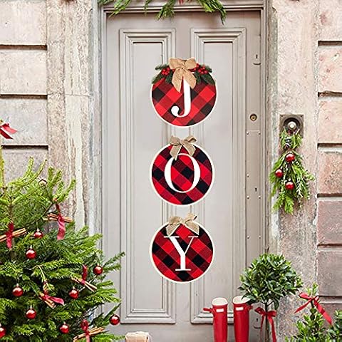 Weihnachtsdekorationen - Joy Sign hängender Plaid-Kranz für die Haustür - rustikale Jute-Holzurlaub zum Aufhängen Cover