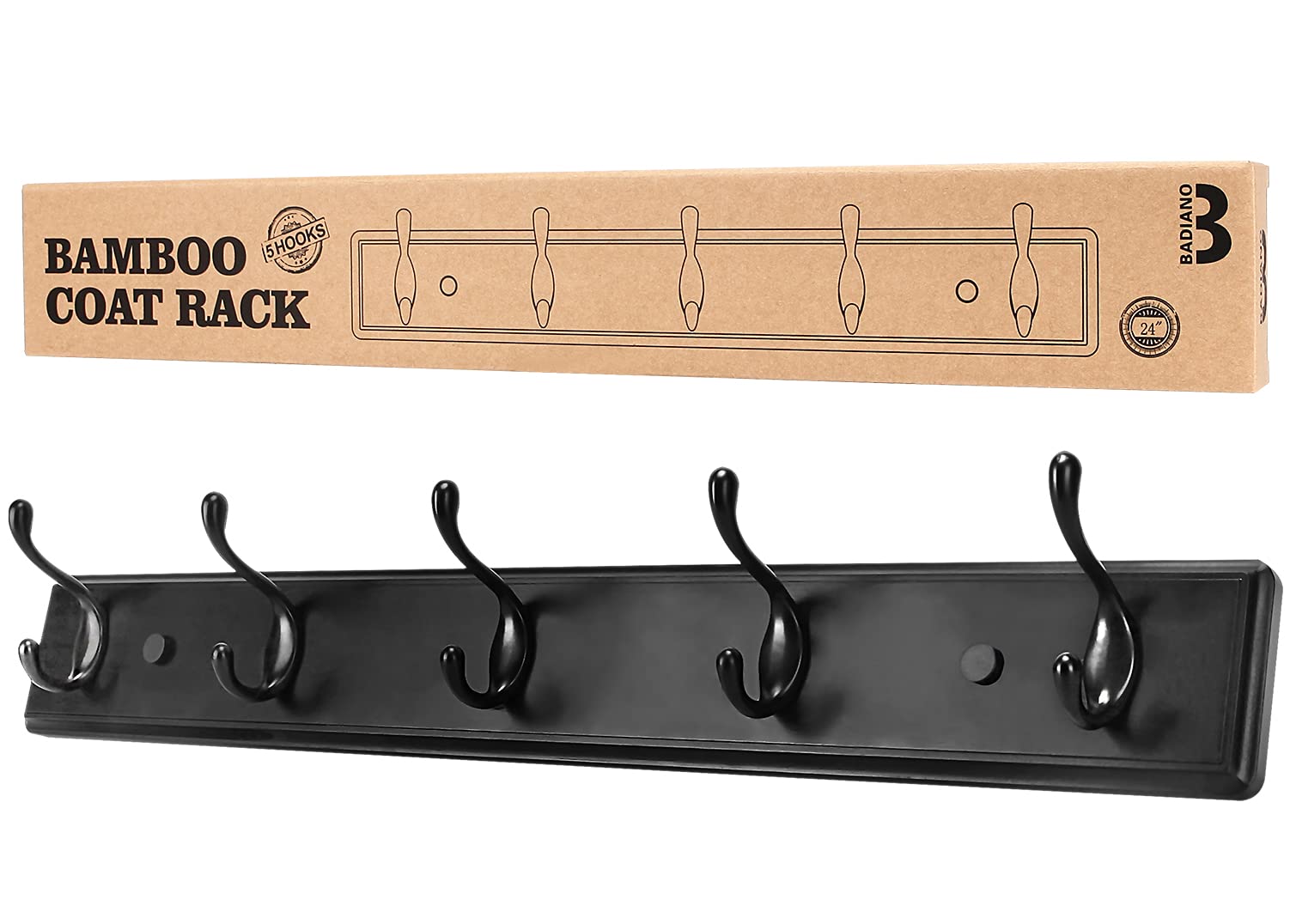 Wooden Coat Rack, Wall-Mounted Organizer for Closet, Entryway, Hallway, Foyer, Bedroom, Heavy Duty Double Hooks for Hanging Towels, Bags, Hats, Jackets, Keys (Black, 5 Hooks)