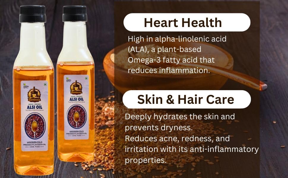 Image of SARV MATRIKAA Wood Pressed Alsi Oil 250ml | Cold Pressed Flaxseed Oil | 100% Pure & Natural | Edible Grade | No Preservatives | Omega 3 Rich | For Cooking, Skin & Hair Care