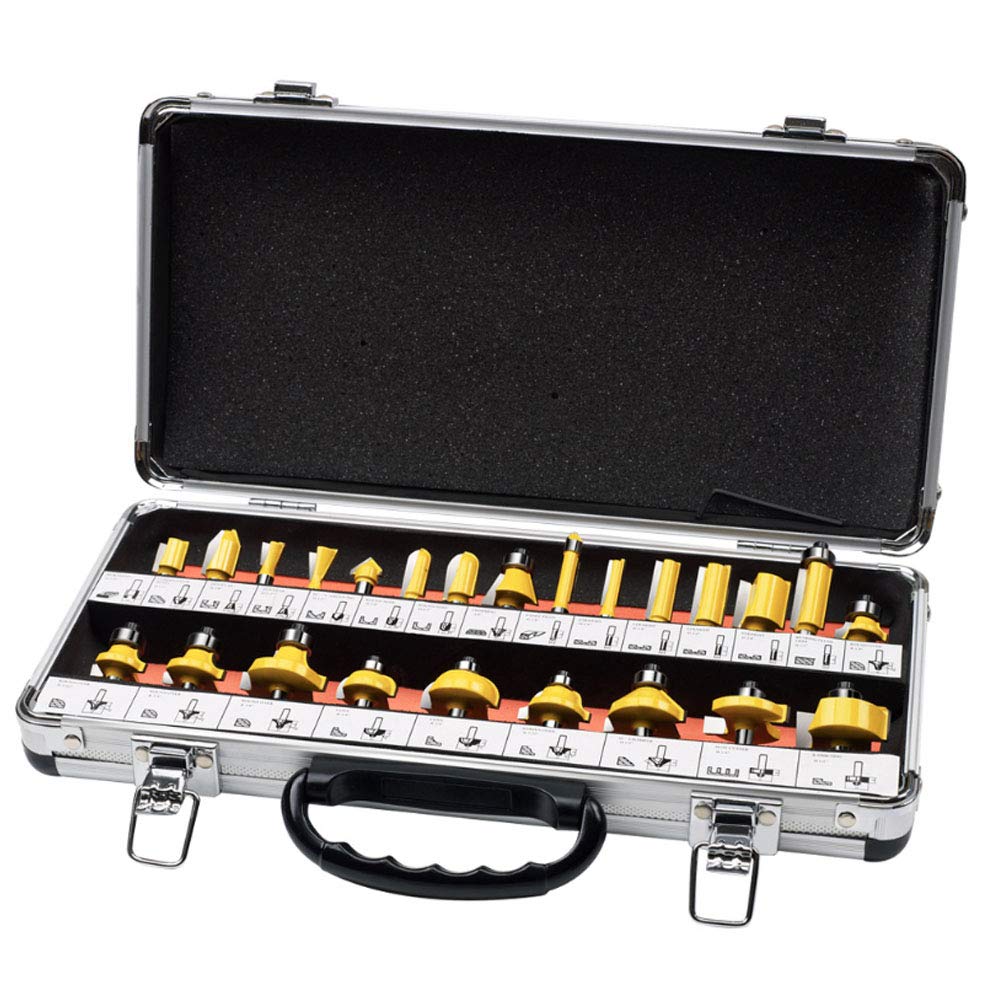 24 piezas de carburo de tungsteno con punta Router Router Bit Set Tratamiento de la madera Fresado herramientas de corte con la caja de madera de almacenamiento Conjunto de puertas, bricolaje Madera