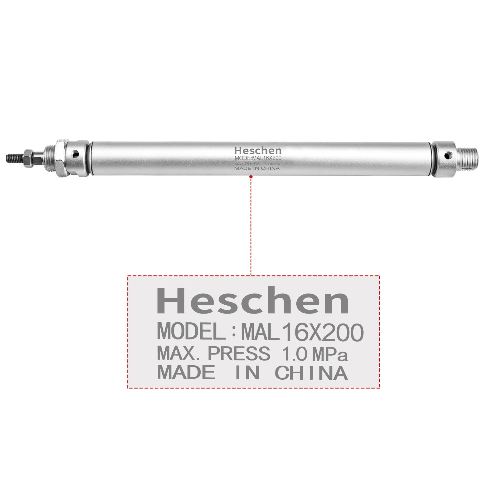 Heschen pneumatyczny wąski cylinder powietrza MAL 16-200 M5 port 16 mm otwór 200 mm skokowy podwójne działanie