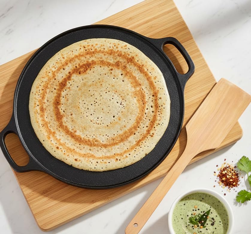 Image of Cast Iron Dosa Tawa 12 Inch with Wooden Ladle, Pre-Seasoned, Naturally Non-Stick, 100% Pure & Toxin-Free, No Chemical Coating, Ideal for Cooking Dosa, Uttapam, Roti, Paratha, Pancakes