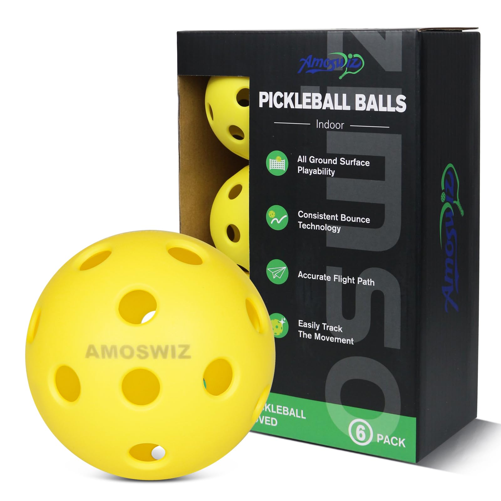 Amoswiz Indoor Pickleball Balls, 6 Pack of 26 Holes Pickleballs, USAPA Approved Indoor Pickleballs Set, High Visibility Durable Pickle Balls for Training and Tournament, Yellow — image 1