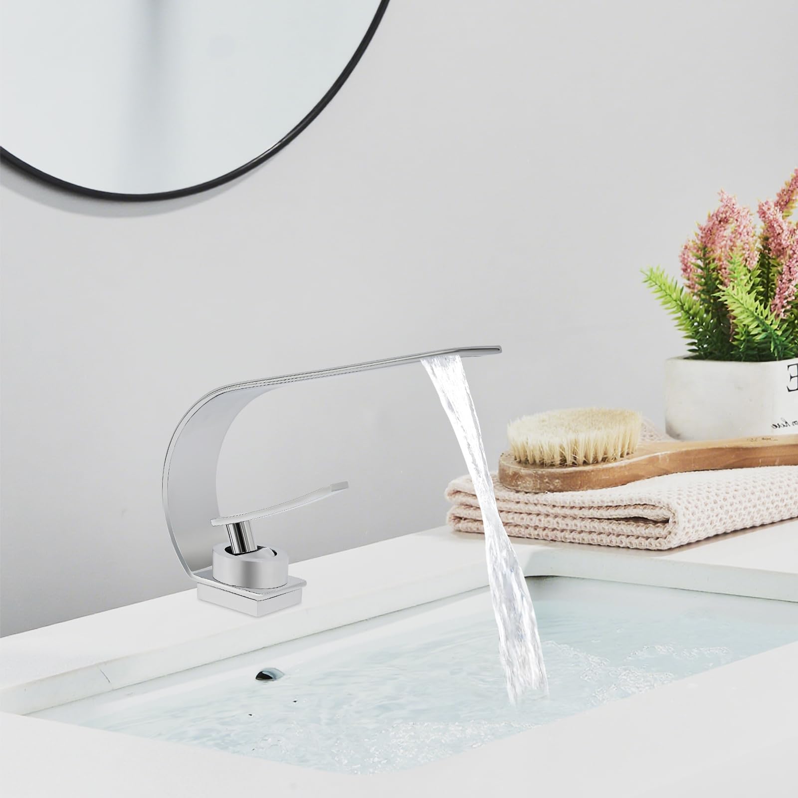 Grifo de baño con cascada, moderno grifo de acero inoxidable, grifo de lavabo con monomando, grifos para agua fría y caliente (plata)