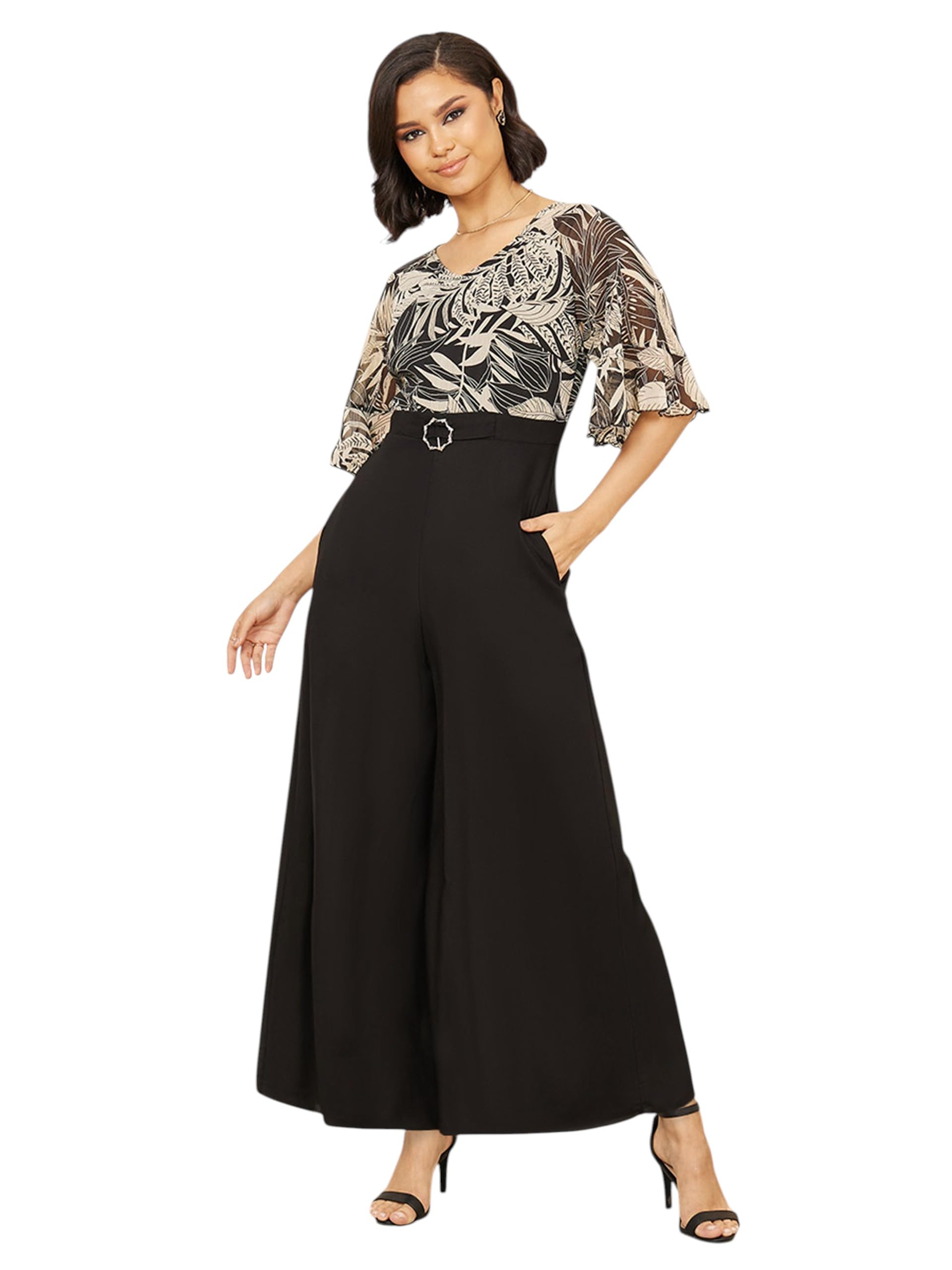 miss chase Women's V Neck Ruffled Sleeve Wide Leg Regular-Length Polyester Printed Jumpsuit-picture-29