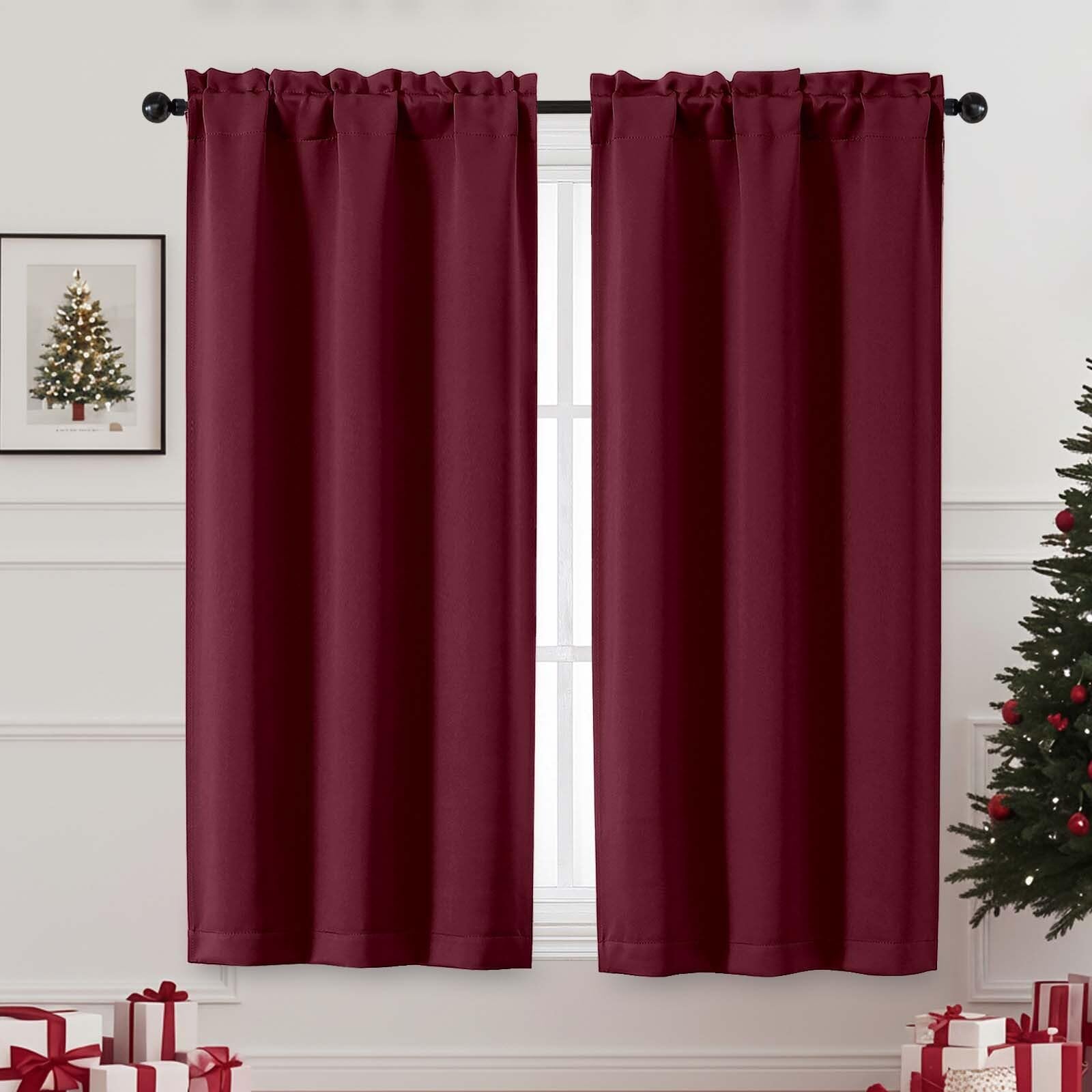 OVZME Christmas Burgundy Blackout Curtains for Bedroom 63 Inch Length 2 Panels Set, Nursery Thermal Insulated Energy Saving Rod Pocket Window Treatment Curtains Blackout Drapes, 2x40Wx45L Inches