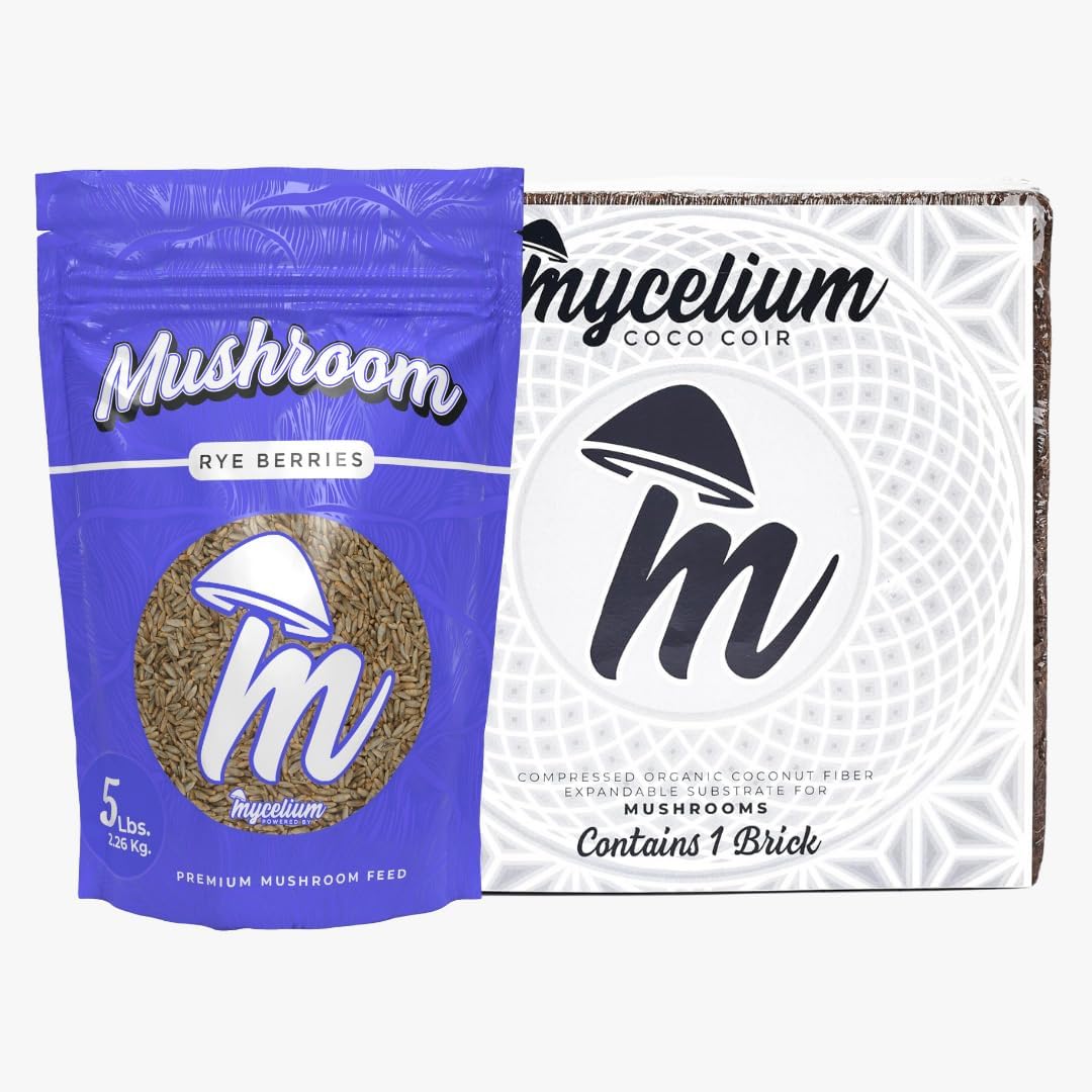 Mycelium Substrate Starter Bundle - 10 lbs Coco Coir Brick + 5 lbs Premium Rye Berries for Dung-Loving Mushroom Cultivation – Sustainable, Non-Sterile, Perfect Substrate & Nutritional Base