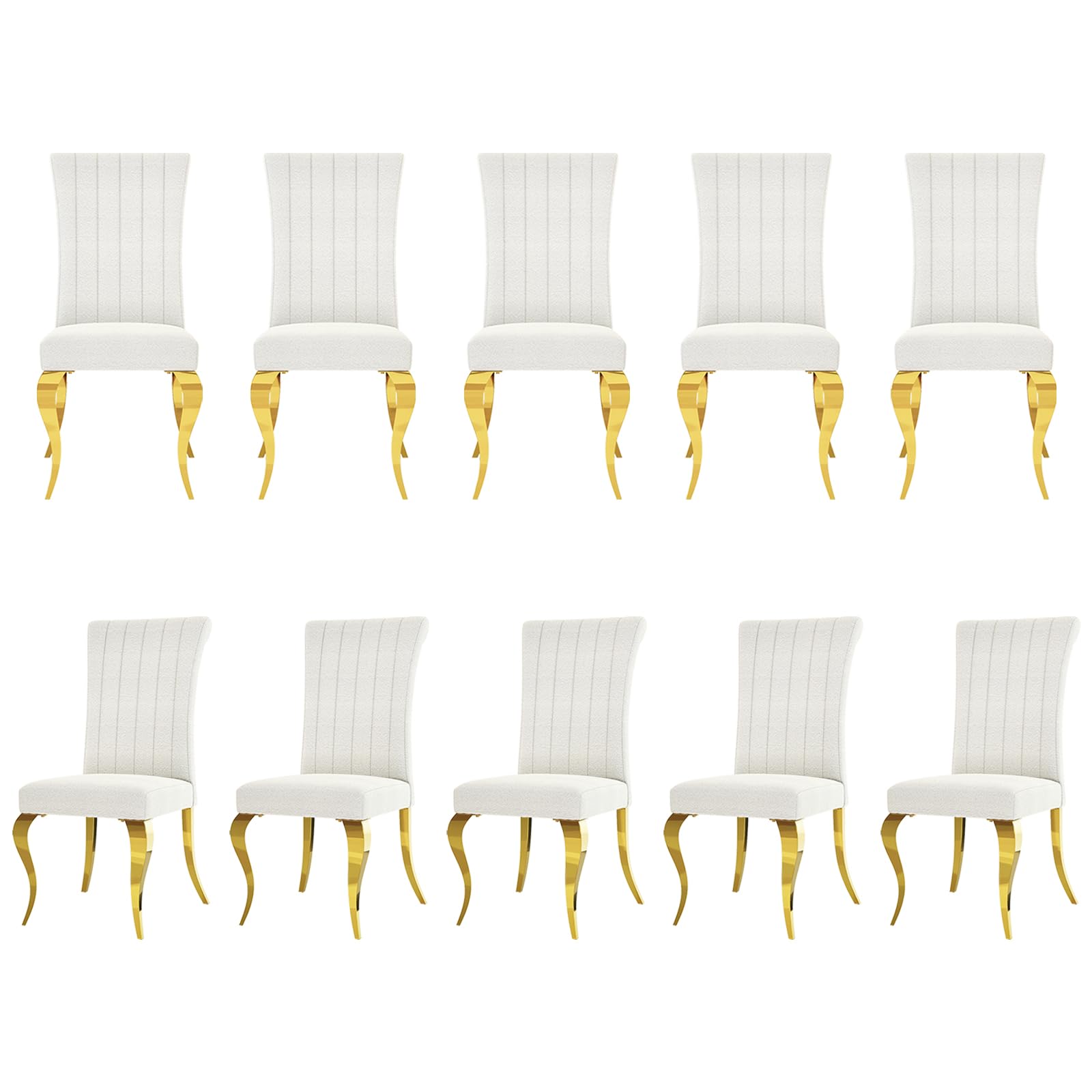White and Gold Boucle Upholstered Dining Chairs Set of 10