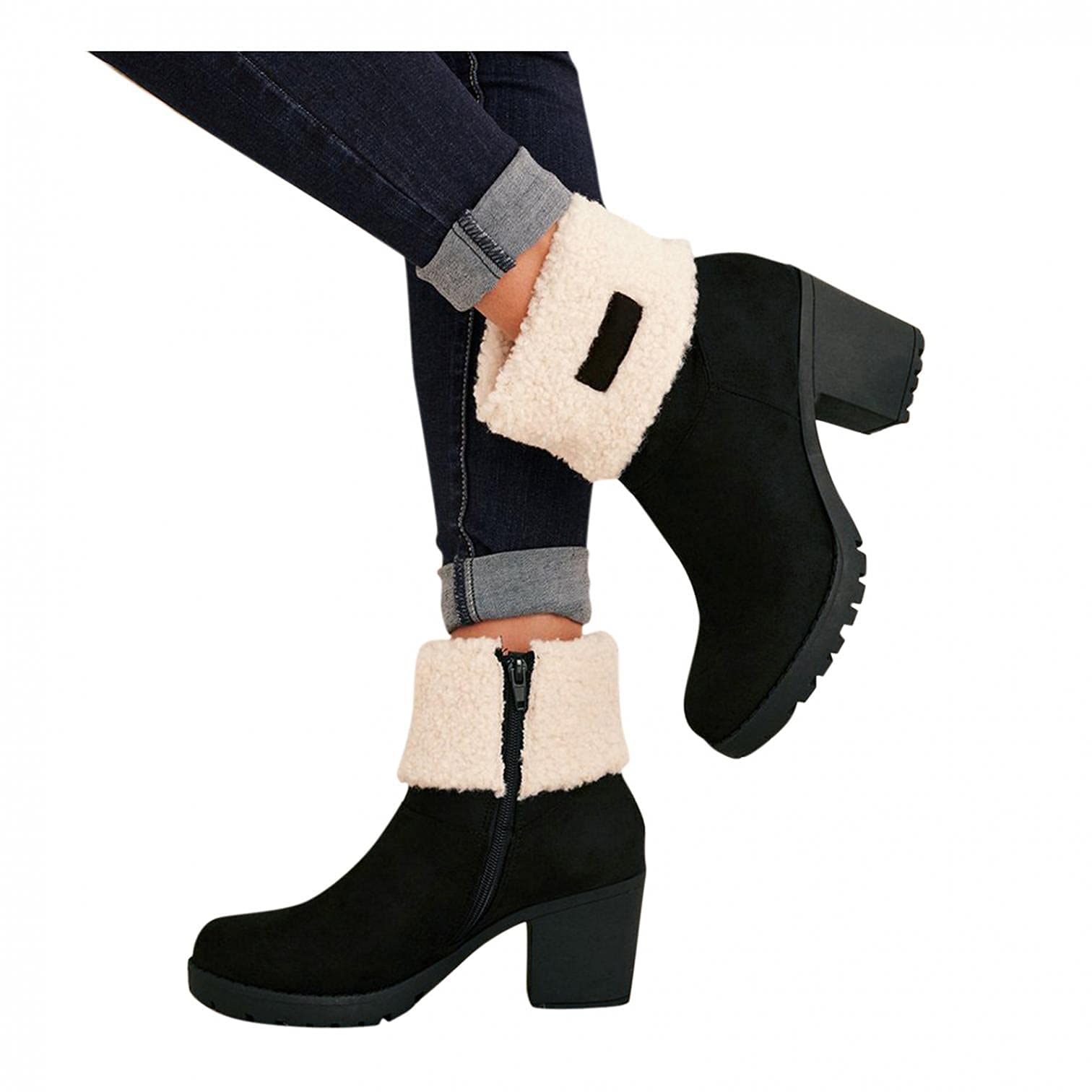 Bcshiye Winter Boots for Women Comfort Slip On Mid Chunky Heel Suede Snow Ankle Boots Warm Fur Lined Outdoor Calf Boots