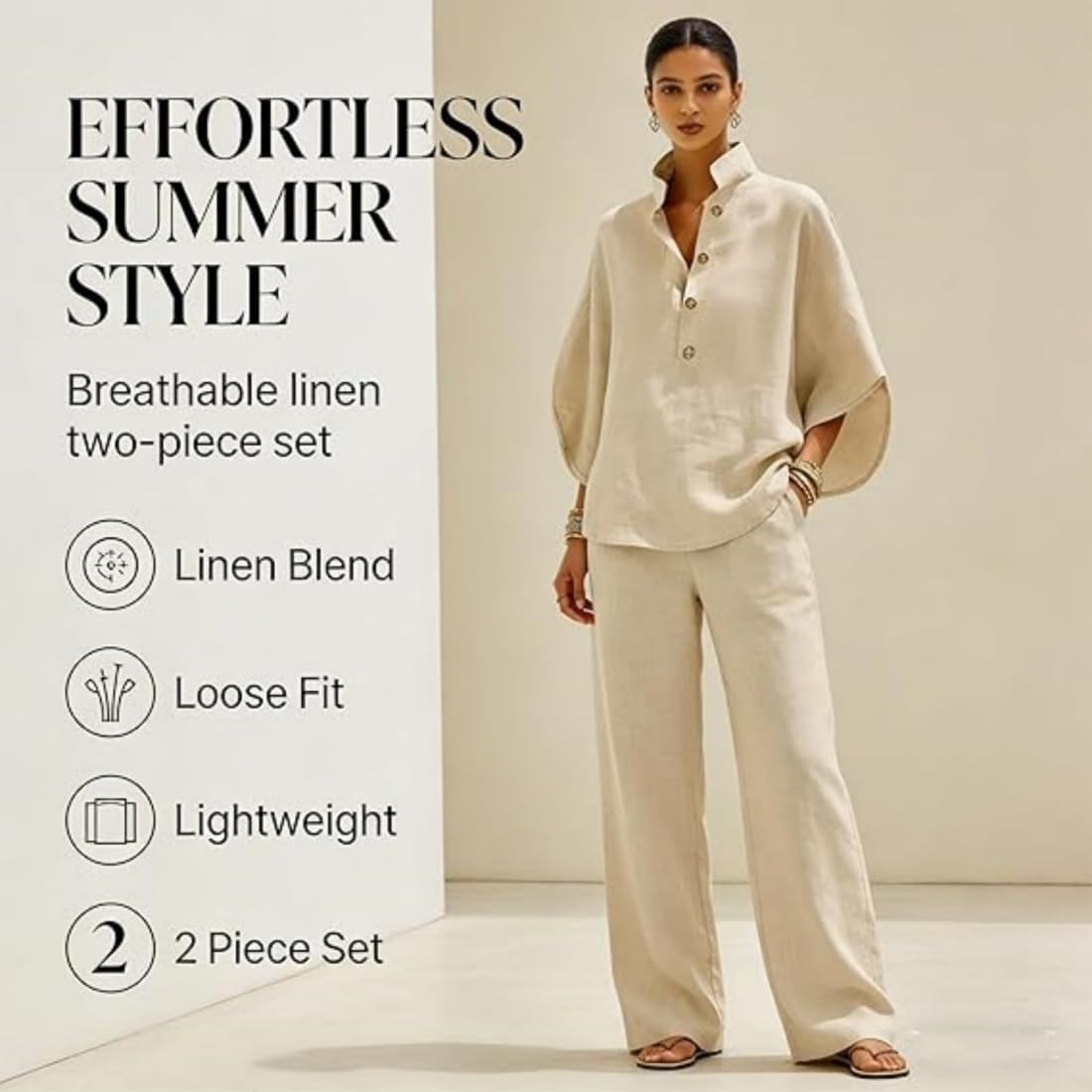 Conjunto de dos piezas de lino y algodón con mangas murciélago para mujer: camisa informal y pantalón de pierna ancha, traje de lino informal de verano, mangas murciélago de 3/4