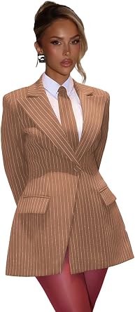 Womens Pinstripe Blazer Dress Notched Lapel Long Sleeve Jacket One Button Formal Office Work Blazer Jacket with Tie
