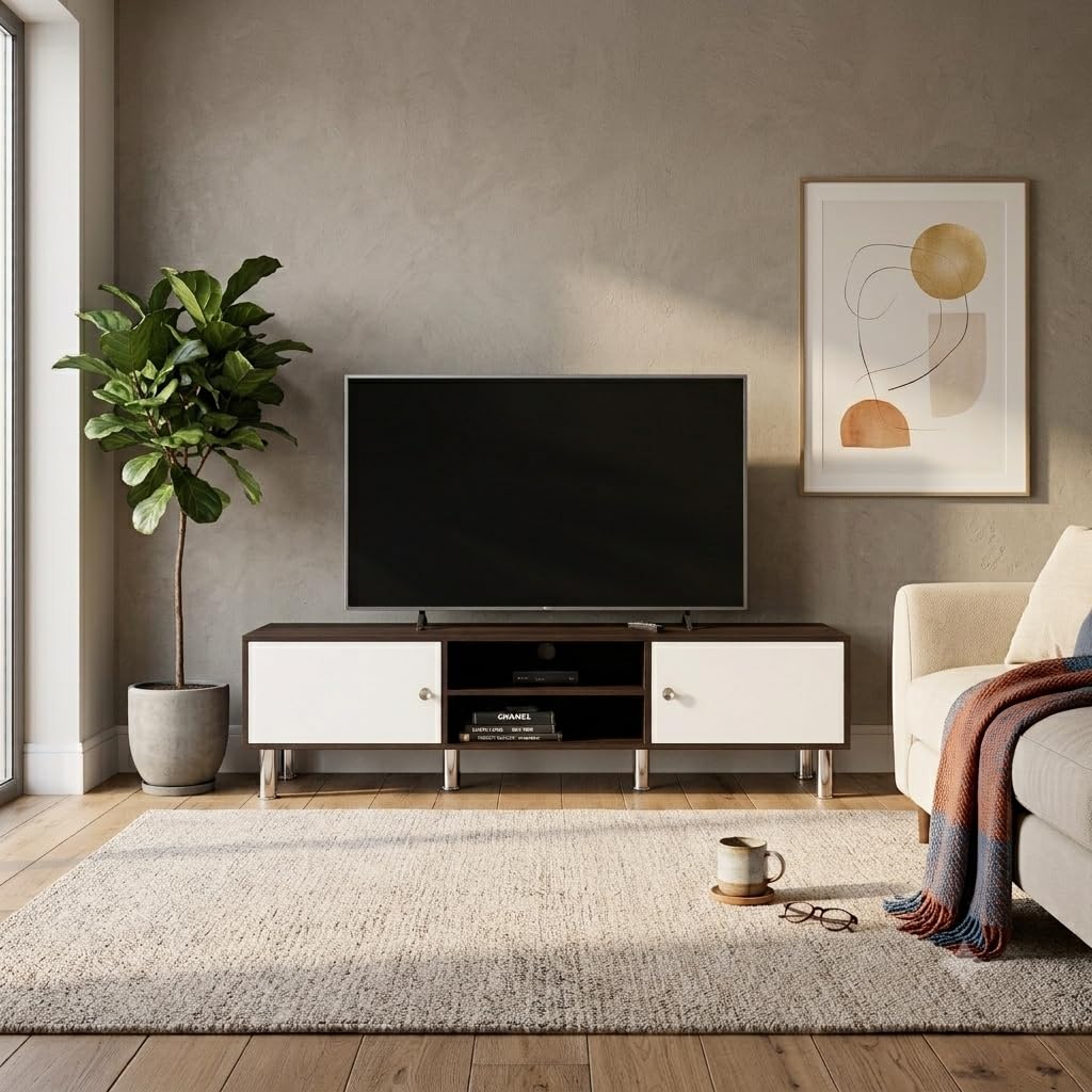 Duston TV Unit Engineering Wood Floor Standing TV Entertainment Unit Set Top Box Stand/TV Panel Cabinet Panel with Shelves for Books & Décor Display Unit (Wenge/White)-image-35