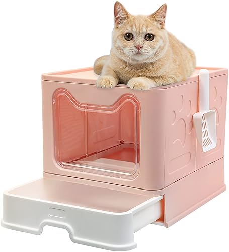 Naivees Caja de arena grande para gatos plegable con tapa de entrada superior, sin olor, fácil de limpiar con pala