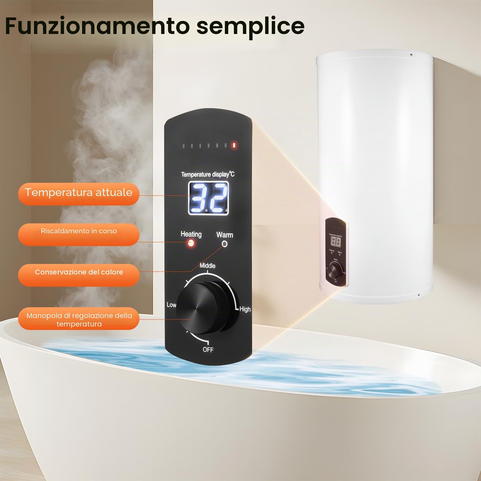 Scaldacqua istantaneo con serbatoio da 80 litri, scaldabagno elettrico con rubinetto e doccetta, dispositivo con contenitore interno smaltato, scaldabagno digitale con indicatore LED per bagno