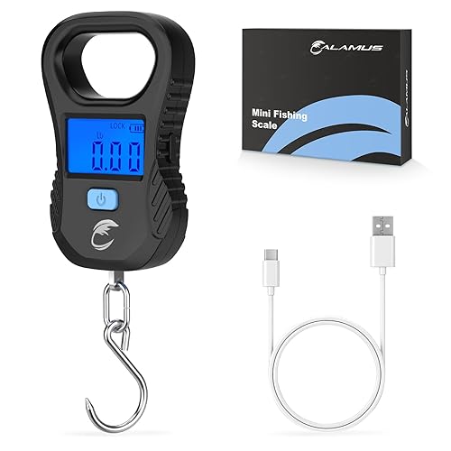 Calamus Báscula de pescado ligera, báscula digital recargable con cable USB, capacidad de 55 libras, unidades múltiples librasonzas y kilogramos,