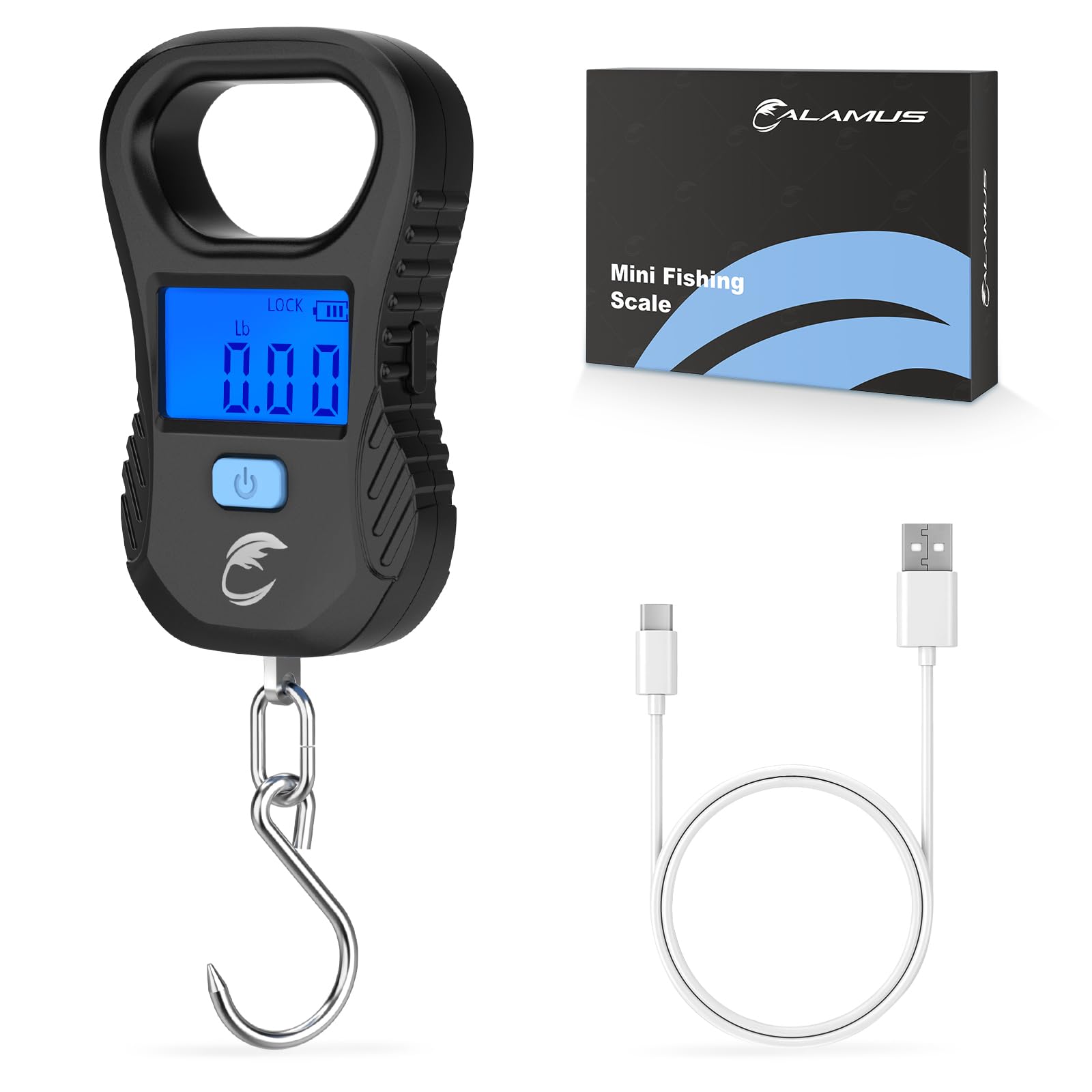 Calamus Lightweight Fish Scale, Rechargeable Digital Scale with USB Cable, 55lb Capacity, Multi-Units Pound/Ounces & Kilograms, High Accuracy, Backlight LCD Display, Fishing Gifts for Men