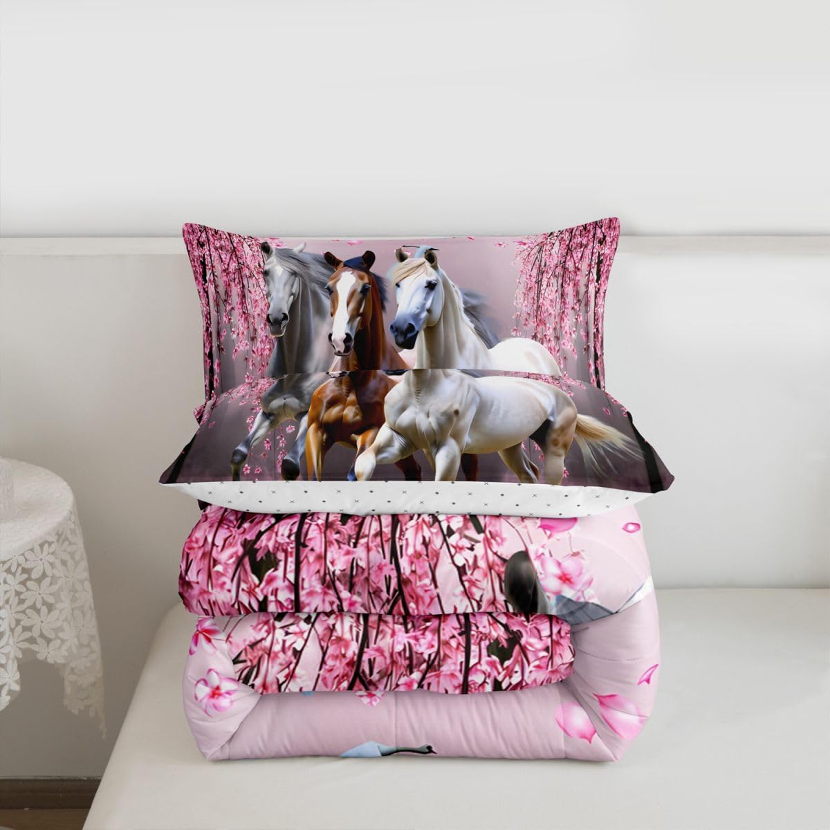 Feelyou Girls Horse Full Size Comforter Set Cherry Blossom Galloping Horse Bedding Set for Kids Boys Teens Western Duvet Comforter Floral Animal Decor Gifts for Girls Quilt Set Bedroom 3Pcs,Pink
