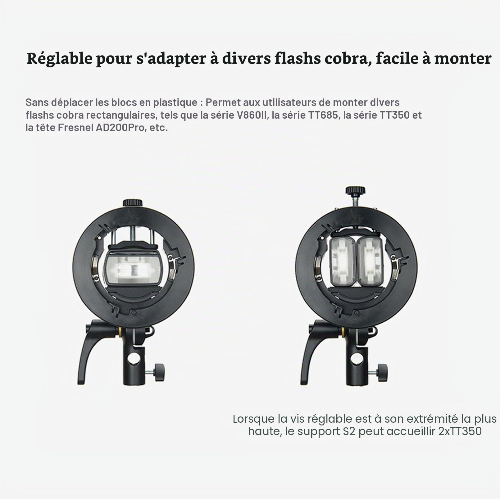 Godox S2 Bowens Support de Flash pour Godox AD200ProII AD400Pro AD300Pro AD300ProII, V1 V1Pro V100 Série, V860II, V860III, TT685II, TT350, TT600, Grande Poignée, Contrôle Précis de l'inclinaison