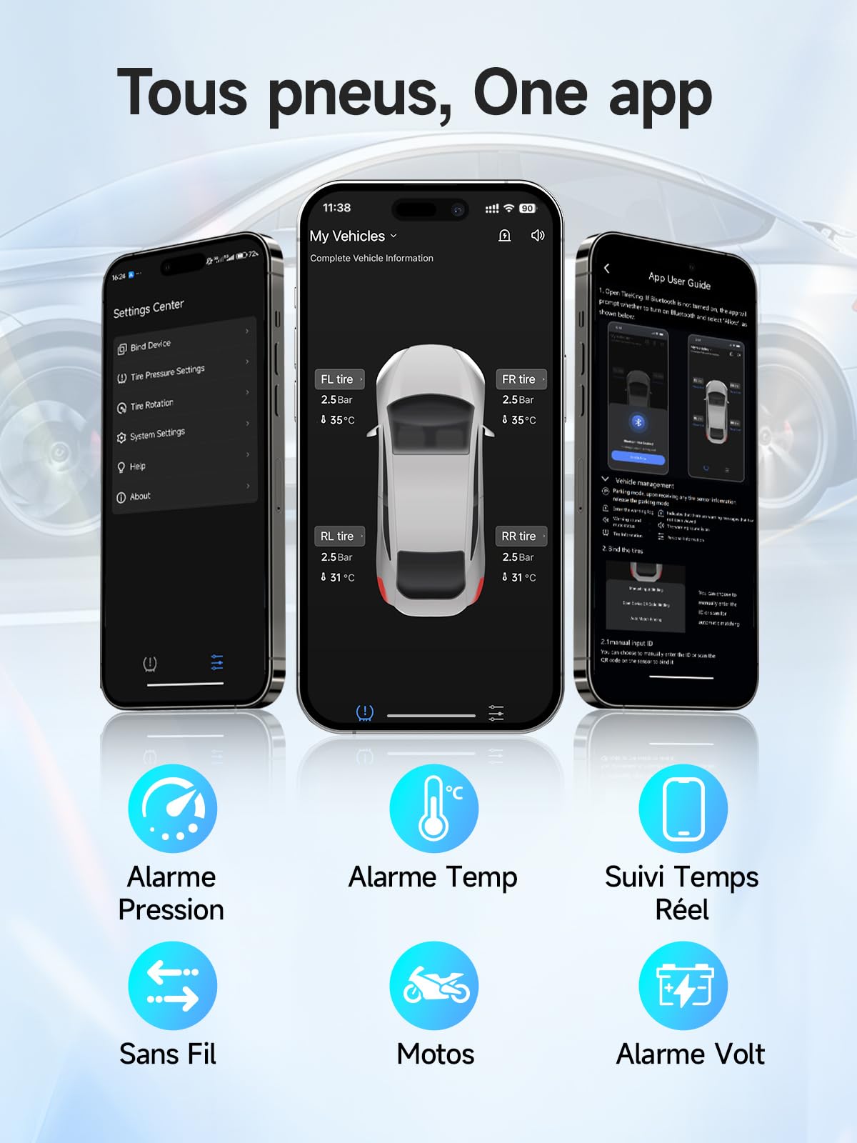 MOMAN TPMS Système Surveillance Pression Pneus Bluetooth Capteurs Lot4 | Capteur pression pneus voiture, suivi Bluetooth via application, alerte température, données en temps réel, camping-car