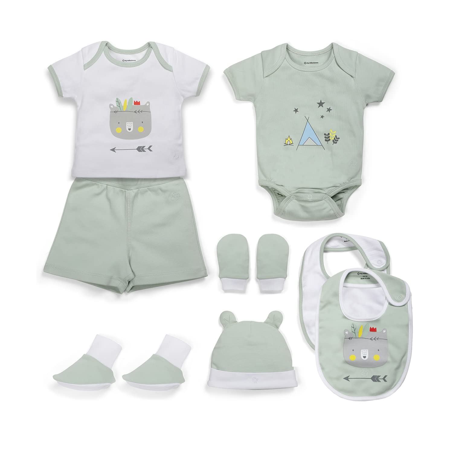My Milestones Cotton 8 Pieces New Born Baby Gift Set, Infant Gift Set, Clothing Set For Boys - 0-6 Months (Sage Green)