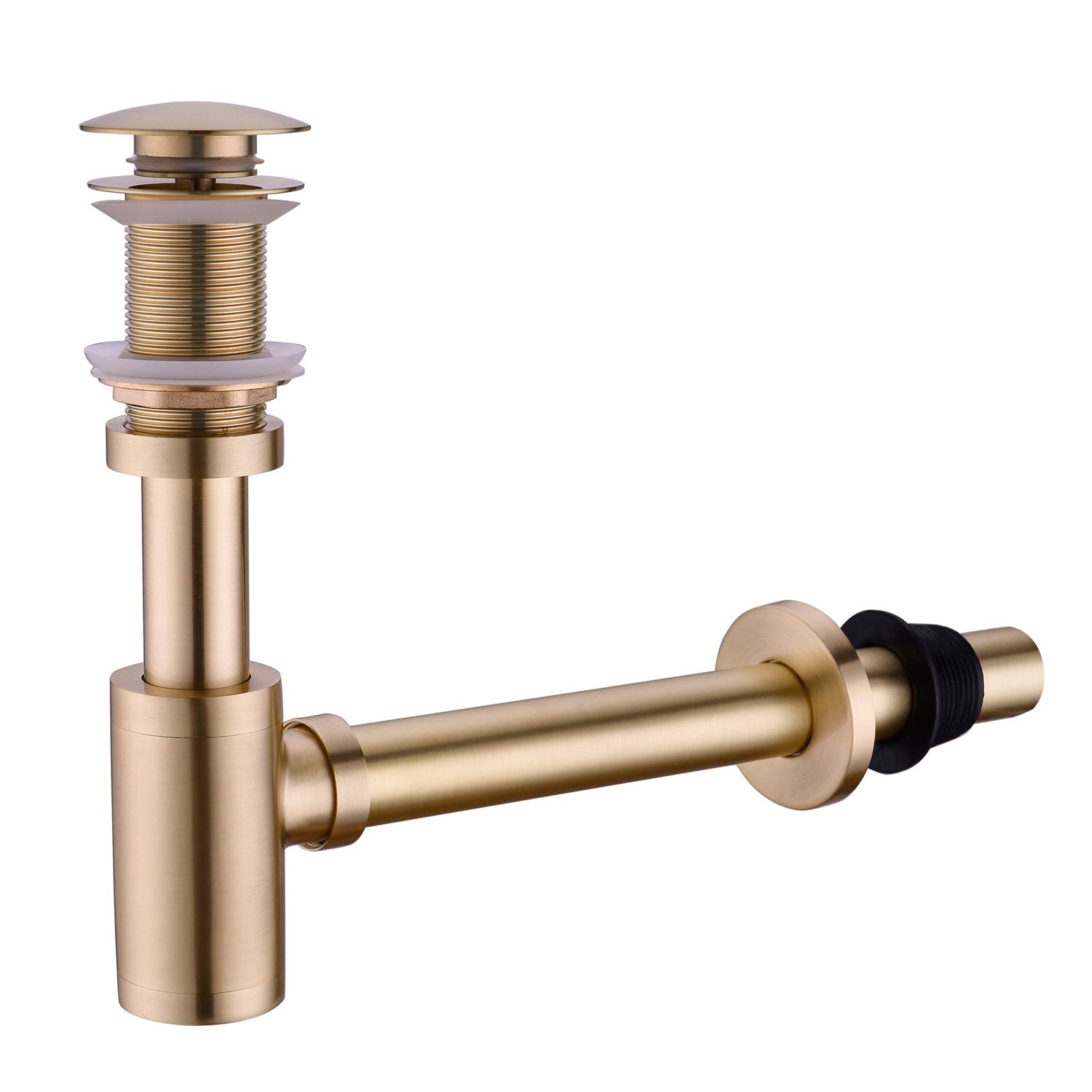 Bathroom Sink Stopper P-Trap Complete Set Adjustable 1-1/4 Bottle Trap Solid Brass Sink Drain Kit Tube and Pop Up Drain Stopper Set Without Overflow, Brushed Gold