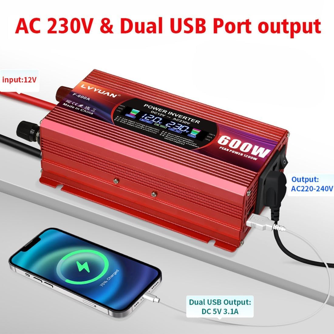 LVYUAN 600W/ 1200W Convertidor de tensión CC 12 V a CA 220V Convertidor de Corriente Inversor para Coche, Autocaravana, camión