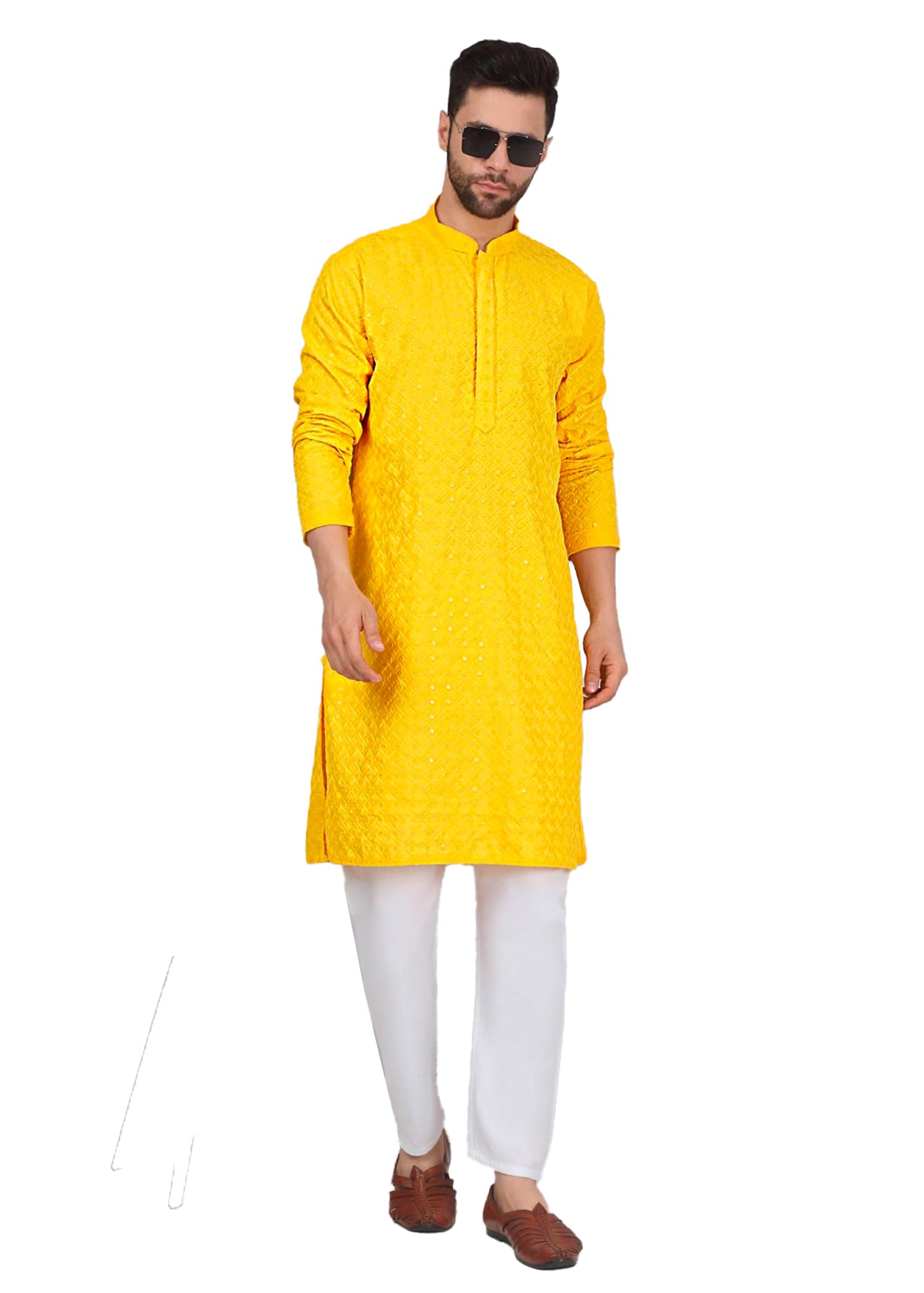 Men's Traditional Red Black Yellow Chikan Embroidered Cotton Kurta with White Pajama Set, Ethnic-picture-25
